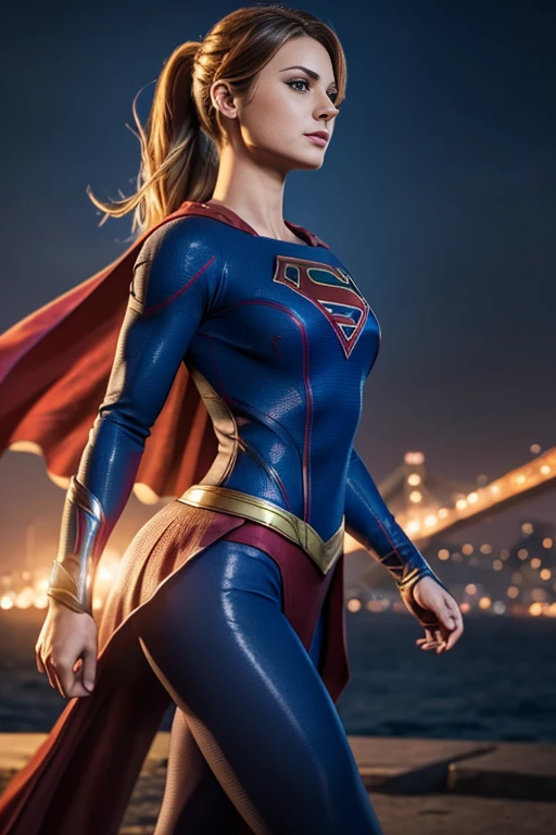 4k highly detailed realistic Supergirl, ((sharp Jawline)), (full body Including Legs), Seduction and fantastic poses