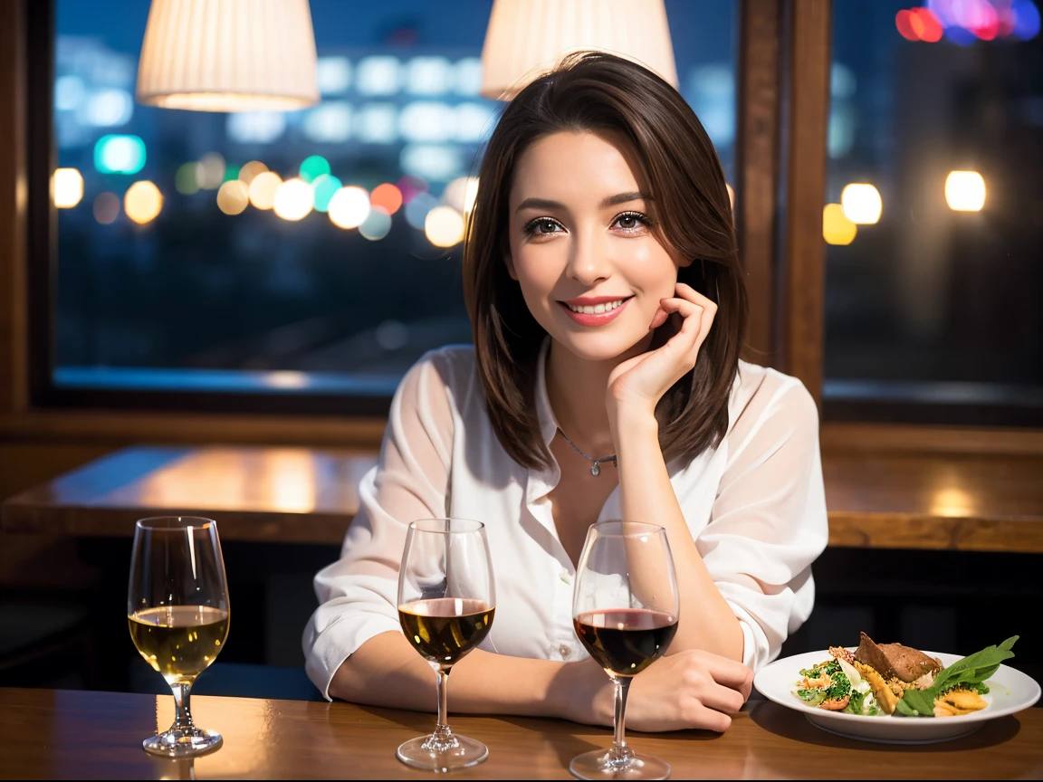 (K, UHD, top quality, masterpiece: 1.2), (realistic, photorealistic: 1.37), super detailed, pretty woman 1 person, (slim face), (slim body), (brown hair), (short cut), cheeks slightly blushing, (41 years old), 38 years old, solo, outside the window is a beautiful detailed urban night view, restaurant, wine glasses sit, at night, in a prominent place (from the waist up) NovaFrogStyle, Actress, Model, Waist Up, White Wine, Slim, Wine Glass, Super Clean Night View, Wine Glass Put in the Middle, Happy Smile, (Smile: 1.15), Beautiful Fine Eyes, Upper Body, Bust Japan Up, Night, Short, Short, Actress, Model, Waist Up, White Wine, Slim, Wine Glass, Super Clean Night View, Wine Glass Put in the Middle, Happy Smile,