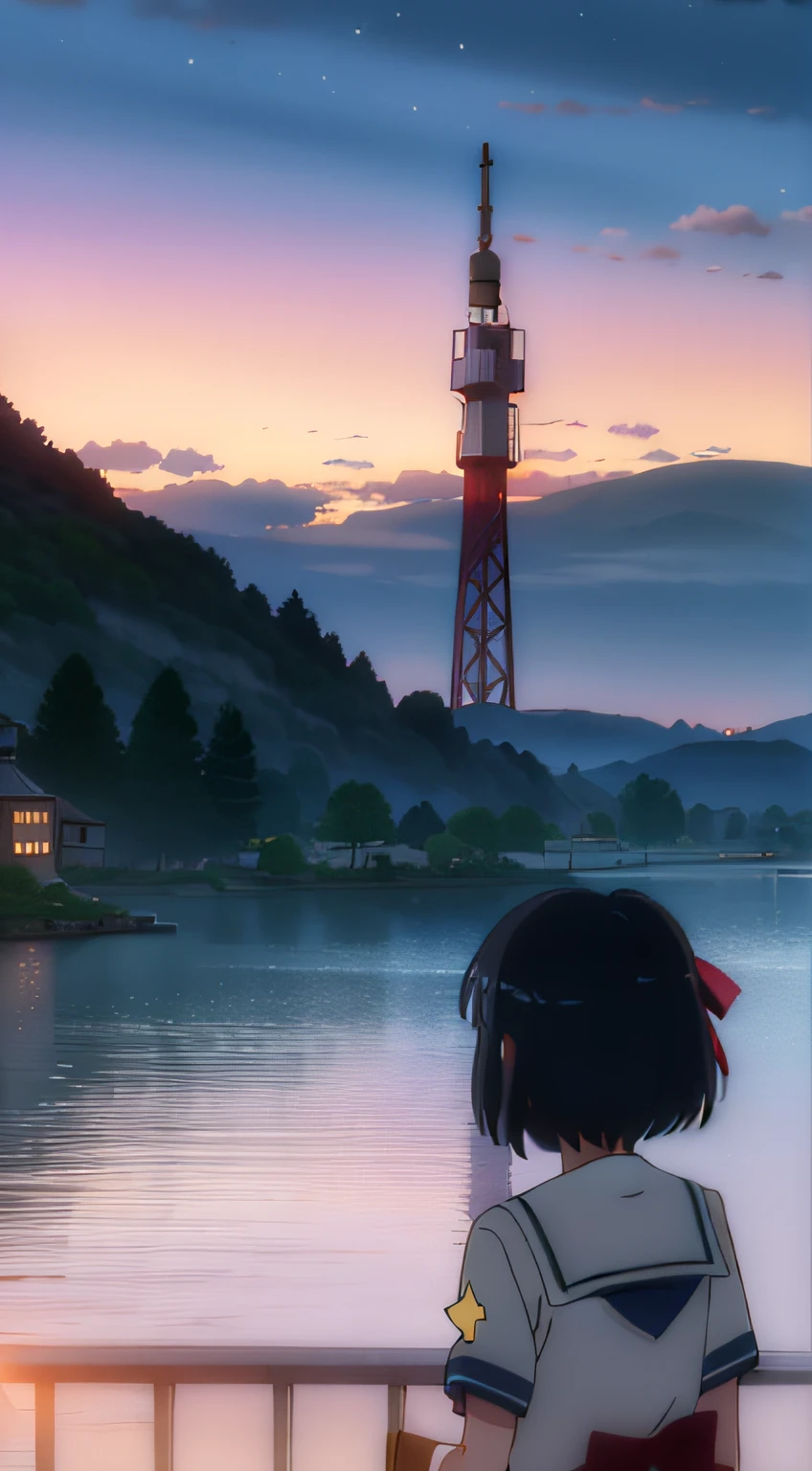 Girl 14 years old, standing back to her back, sailor uniform, black hair, short hair, network tower in the distance, village, landscape, evening with full of star