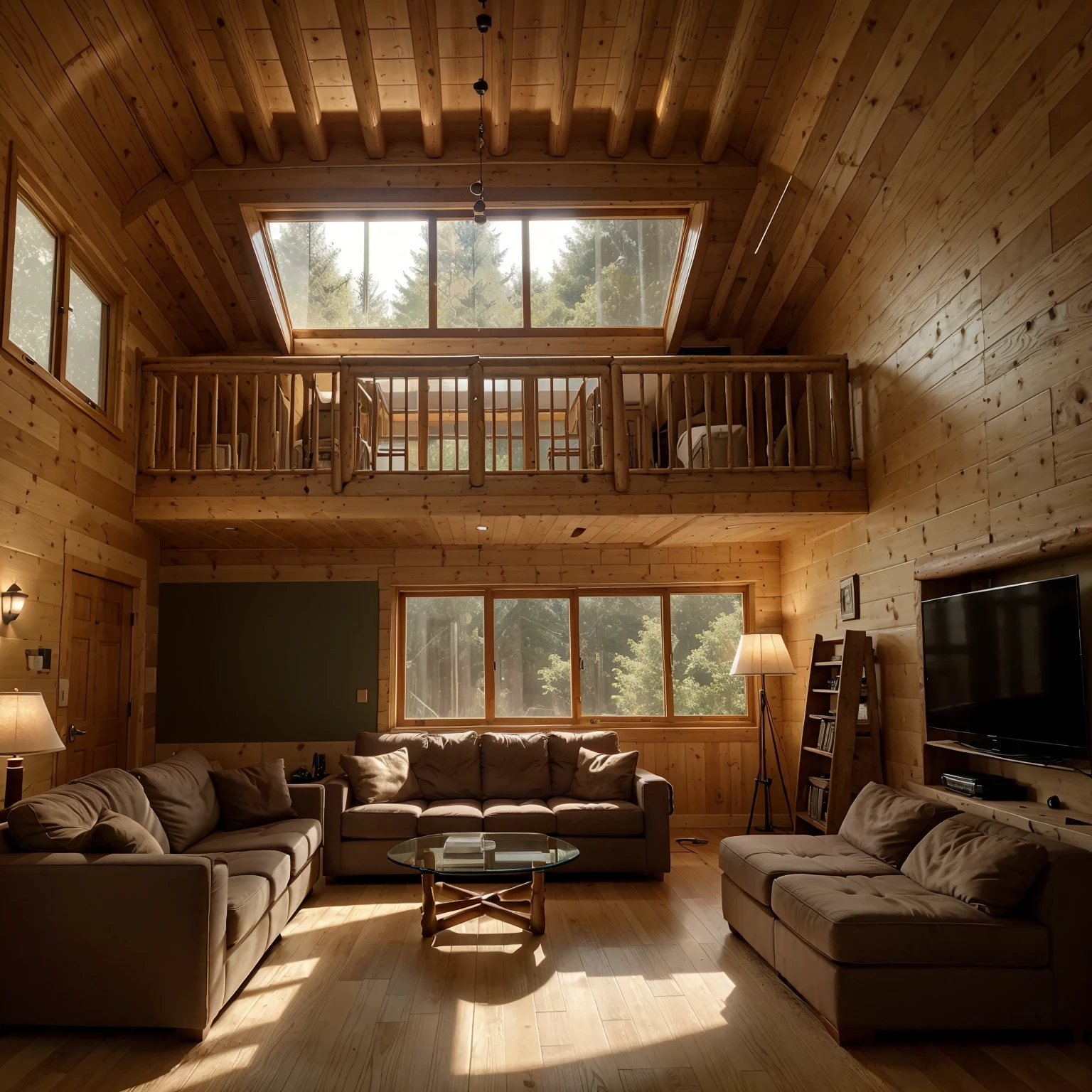 A double-height ceiling living room with a large, floor-to-ceiling window on one side log cabin. The living area is furnished with plush, contemporary sofas and chairs in neutral tones, grouped around a low, central coffee table. The room's color palette is composed of dark brown and warm tones, with the soft lighting from various lamps adding a cozy ambiance. Greenscreen background