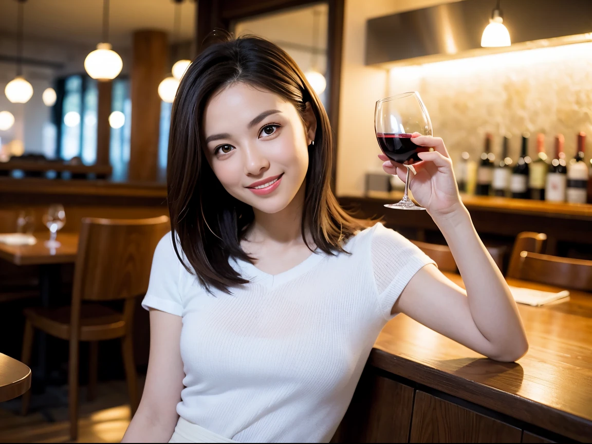 (64K, UHD, top quality, masterpiece: 1.2), (realistic, photorealistic: 1.37), super detailed, pretty woman 1 person, (slim face), (slim body), (brown hair), (short cut), cheeks slightly blushing, (41 years old), 38 years old, solo, outside the window is a beautiful detailed urban night view, restaurant, wine glasses sit, at night, in a prominent place (from the waist up) NovaFrogStyle, Actress, Model, Waist Up, White Wine, Slim, Wine Glass, Super Clean Night View, Wine Glass Put in the Middle, Happy Smile, (Smile: 1.15), Beautiful Fine Eyes, Upper Body, Bust Japan Up, Night, Short, Short, Actress, Model, Waist Up, White Wine, Slim, Wine Glass, Super Clean Night View, Wine Glass Put in the Middle, Happy Smile,
