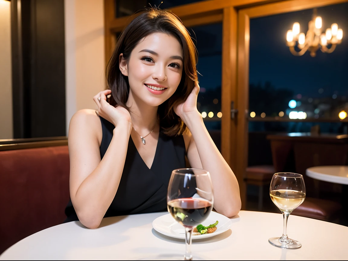 (64K, UHD, top quality, masterpiece: 1.2), (realistic, photorealistic: 1.37), super detailed, pretty woman 1 person, (slim face), (slim body), (brown hair), (short cut), cheeks slightly blushing, (39 years old), 38 years old, solo, beautiful detailed urban night view outside the window, restaurant, wine glass sitting, night, in a prominent place (from the waist up) NovaFrogStyle, Actress, Model, Waist Up, White Wine, Slim, Wine Glass, Super Clean Night View, Wine Glass Put in the Middle, Happy Smile, (Smile: 1.15), Beautiful Fine Eyes, Upper Body, Bust Japan Up, Night, Short, Short, Actress, Model, Waist Up, White Wine, Slim, Wine Glass, Super Clean Night View, Wine Glass Put in the Middle, Happy Smile,