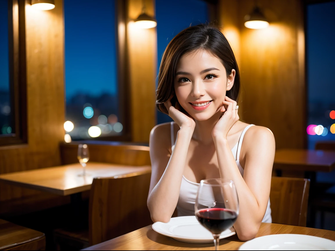 (64K, UHD, top quality, masterpiece: 1.2), (realistic, photorealistic: 1.37), super detailed, pretty woman 1 person, (slim face), (slim body), (brown hair), (short cut), cheeks slightly blushing, (39 years old), 38 years old, solo, beautiful detailed urban night view outside the window, restaurant, wine glass sitting, night, in a prominent place (from the waist up) NovaFrogStyle, Actress, Model, Waist Up, White Wine, Slim, Wine Glass, Super Clean Night View, Wine Glass Put in the Middle, Happy Smile, (Smile: 1.15), Beautiful Fine Eyes, Upper Body, Bust Japan Up, Night, Short, Short, Actress, Model, Waist Up, White Wine, Slim, Wine Glass, Super Clean Night View, Wine Glass Put in the Middle, Happy Smile,