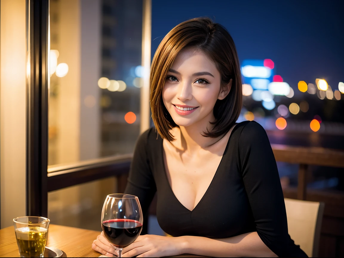 (64K, UHD, top quality, masterpiece: 1.2), (realistic, photorealistic: 1.37), super detailed, pretty woman 1 person, (slim face), (slim body), (brown hair), (short cut), cheeks slightly blushing, (39 years old), 38 years old, solo, beautiful detailed urban night view outside the window, restaurant, wine glass sitting, night, in a prominent place (from the waist up) NovaFrogStyle, Actress, Model, Waist Up, White Wine, Slim, Wine Glass, Super Clean Night View, Wine Glass Put in the Middle, Happy Smile, (Smile: 1.15), Beautiful Fine Eyes, Upper Body, Bust Japan Up, Night, Short, Short, Actress, Model, Waist Up, White Wine, Slim, Wine Glass, Super Clean Night View, Wine Glass Put in the Middle, Happy Smile,