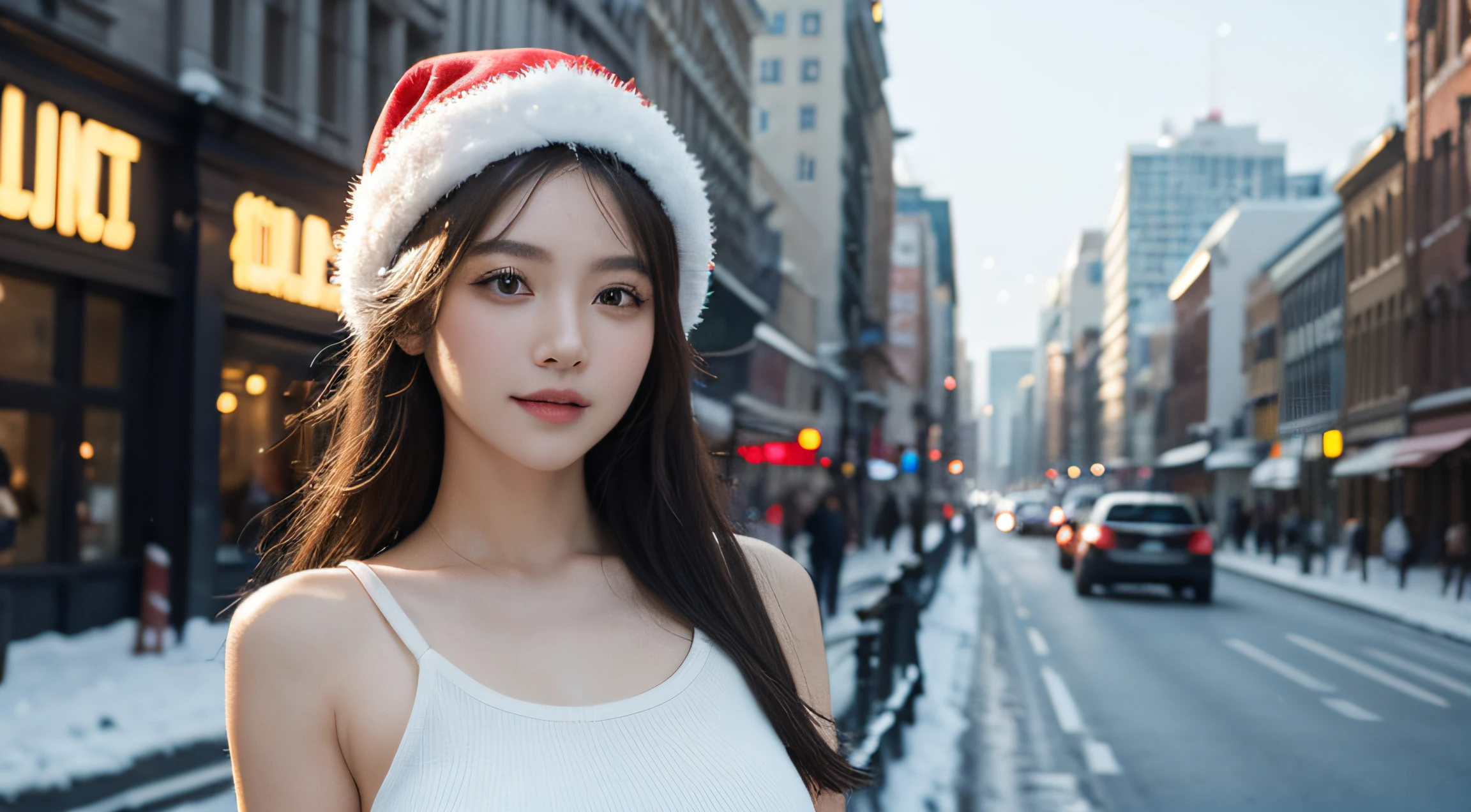 (masterpiece, top quality, best quality, official art, beautiful and aesthetic:1.2), (1female), beautiful girl standing in the street wearing tank top clothes, red noel hat, bare shoulder, sexy pose, extreme body detailed,colorful,highest detailed, noel background , ((snowing)), street full of snow, wallpaper 4k, ((all body shot)), whole body, smile, happy, high city bulding backdrop