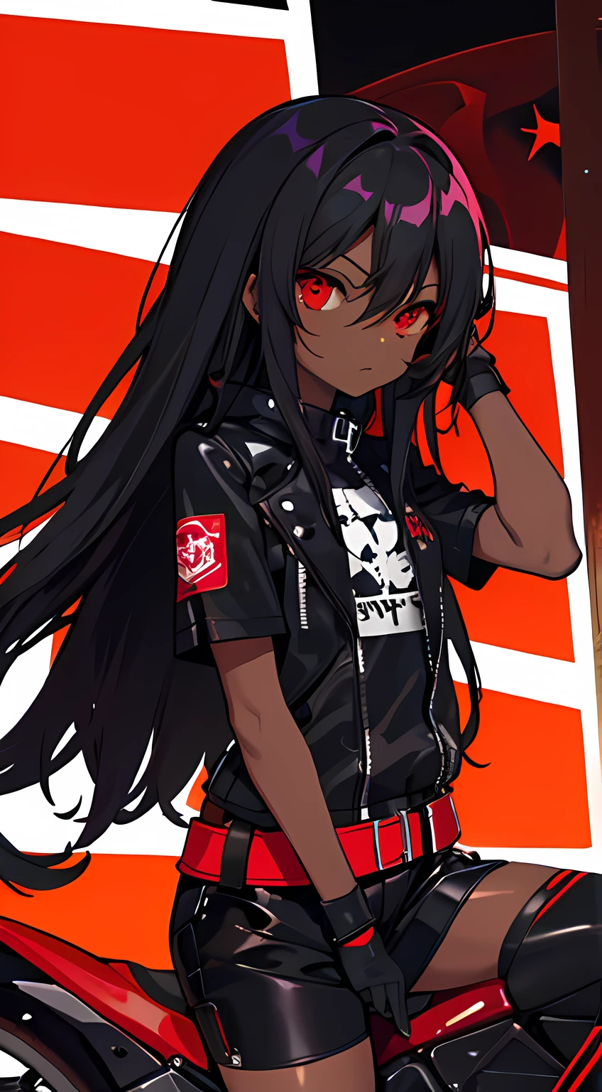 dark skin, dark long hair, red eyes, biker shorts, demonic, young, tsundere,