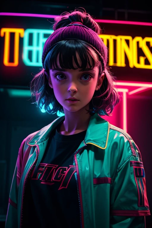 fashion portrait color photograph, woman, upper body, neon lights, stranger things tv