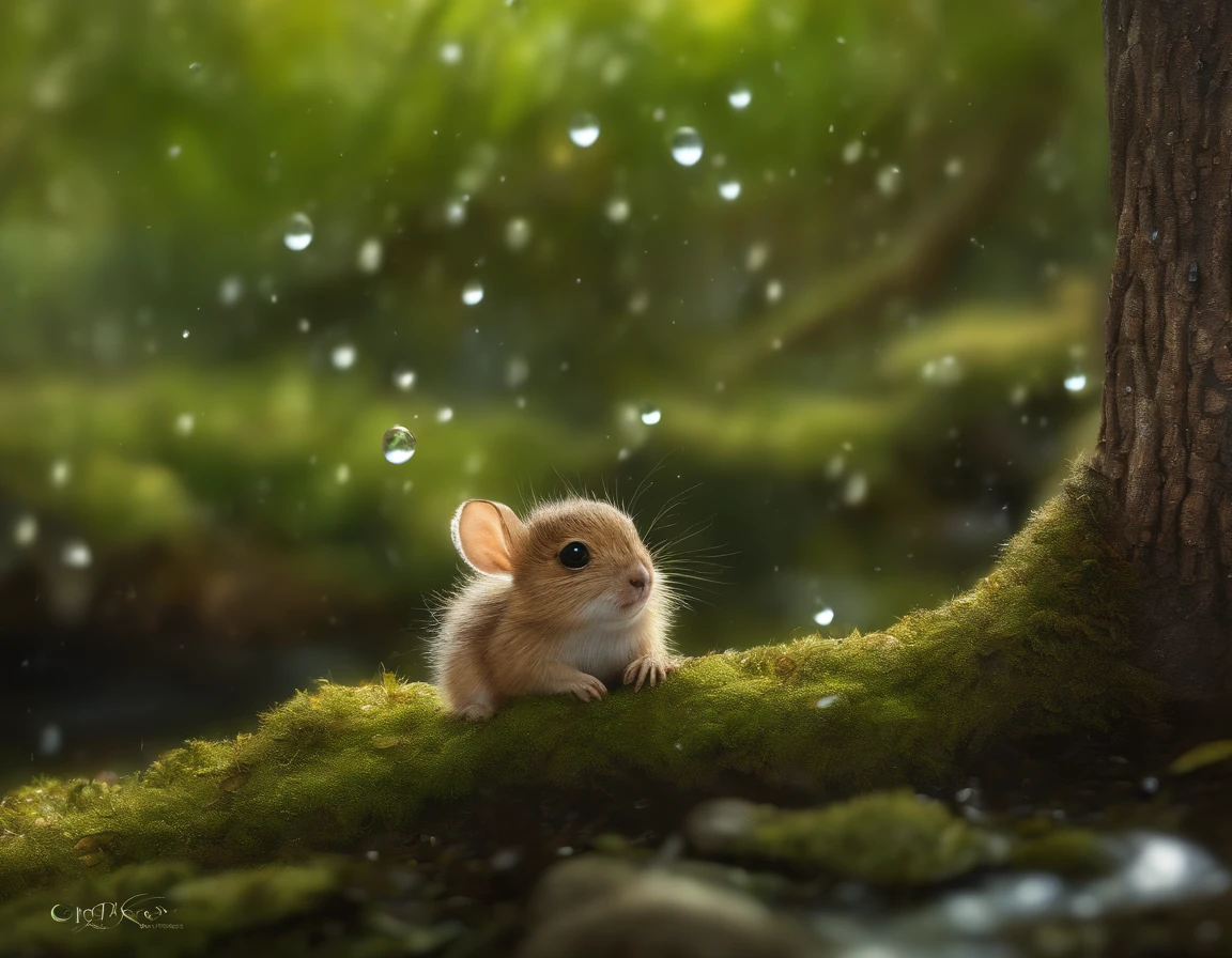 真实感, Realism, Close up of cute tiny fireflies around a huge oak tree, Morning lighting, dew, illuminate the bush, a detailed painting, cgsociety, Detailed painting, artstation hd, high detail, cgsociety, photo realism, Concept art, artstation hd, official arts, bokeh ,真实感, Realism, Cute alien creatures, look like hobbits，Tiny creatures, Furry, silver wool, big eyes, large ears, acorn hat on head, stands under the crown of an oak tree by the water, touches water with fingers,  acorns lie nearby, Raindrops, Sverchkov,