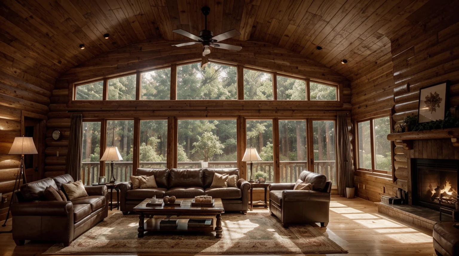 A double-height ceiling living room with a large, floor-to-ceiling window on one side log cabin. The living area is furnished with plush, contemporary sofas and chairs in neutral tones, grouped around a low, central coffee table. The room's color palette is composed of dark brown and warm tones, with the soft lighting from various lamps adding a cozy ambiance. Greenscreen Background