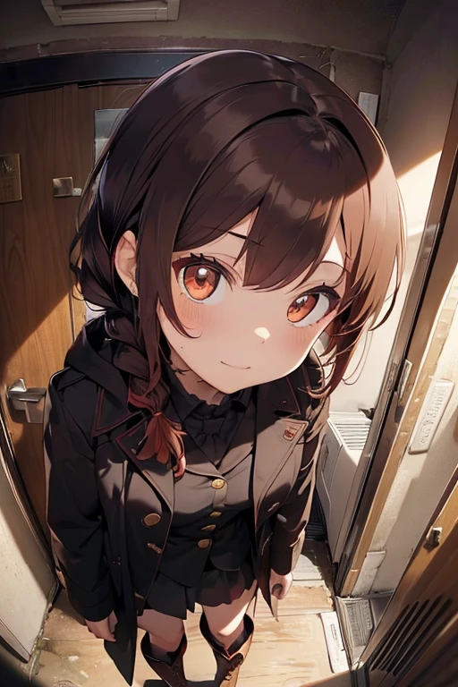 fluffy hair,Red hair,((Braided shorthair)),Slightly red tide,((Gold eyes)),(Black military uniform), a black ribbon, Staring at me, Smile with a kind face, ,((a dark night)),((dark apartment late at night)),(((Trembling girl ))),(Brown boots),((In front of the front door of an old apartment)),(A dimly lit ruin where the light bulbs are about to go out.),(aisle),((In front of the entrance)),((black long trench coat)),swollen face,A face that looks like it's turned away,(((close up of face))),((Perspective from above)),((Please open the front of your coat and let me see............)),