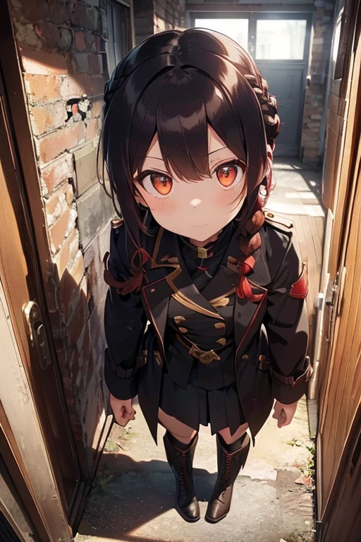 fluffy hair,Red hair,((Braided shorthair)),Slightly red tide,((Gold eyes)),(Black military uniform), a black ribbon, Staring at me, Smile with a kind face, ,((a dark night)),((dark apartment late at night)),(((Trembling girl ))),(Brown boots),((In front of the front door of an old apartment)),(A dimly lit ruin where the light bulbs are about to go out.),(aisle),((In front of the entrance)),((black long trench coat)),swollen face,A face that looks like it's turned away,(((close up of face))),((Perspective from above)),((Please open the front of your coat and let me see............)),