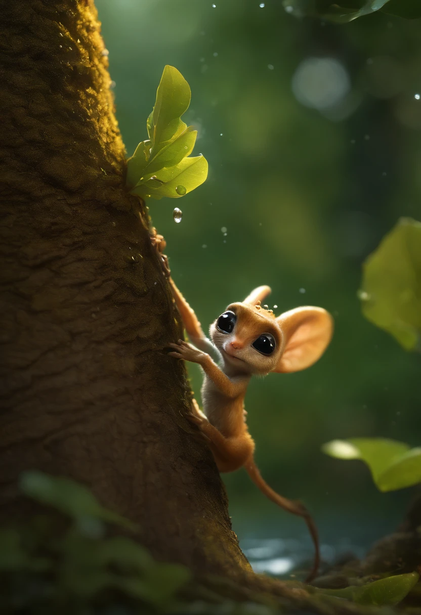 真实感, Realism, Close up of cute tiny fireflies around a huge oak tree, Morning lighting, dew, illuminate the bush, a detailed painting, cgsociety, Detailed painting, artstation hd, high detail, cgsociety, photo realism, Concept art, artstation hd, official arts, bokeh ,真实感, Realism, Cute alien creatures, similar to gremlins,Tiny creatures, big eyes, large ears, an acorn cap on the head, stands under the crown of an oak tree by the water, touches water with fingers, Raindrops, Sverchkov