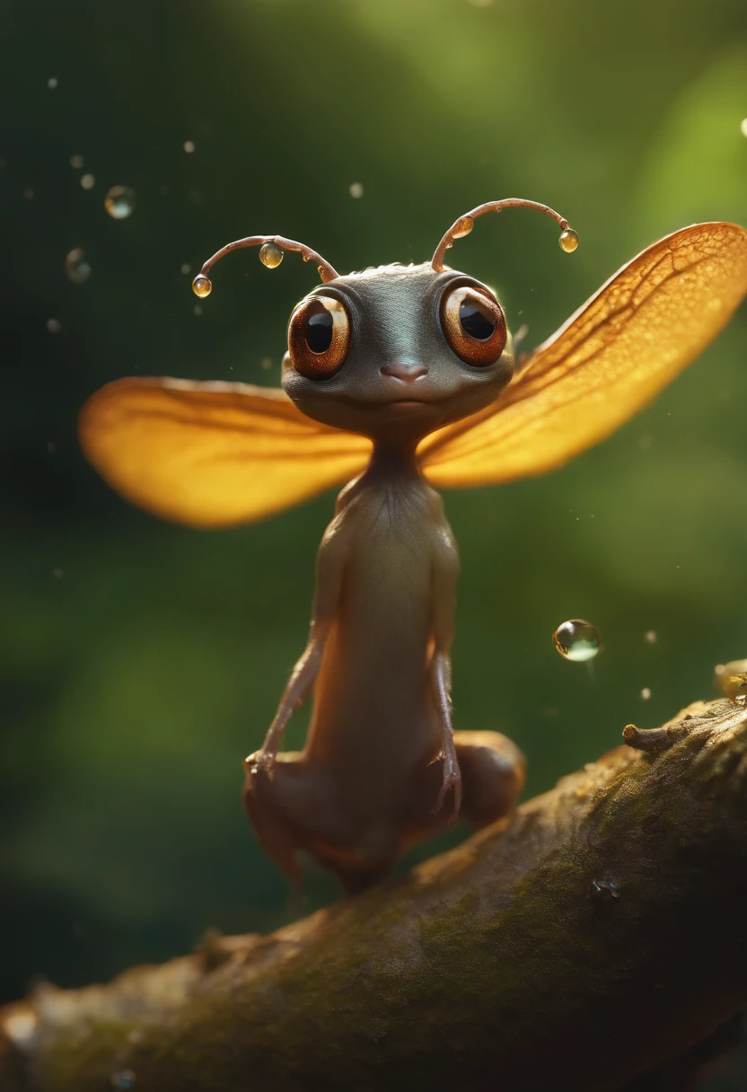 真实感, Realism, Close up of cute tiny fireflies around a huge oak tree, Morning lighting, dew, illuminate the bush, a detailed painting, cgsociety, Detailed painting, artstation hd, high detail, cgsociety, photo realism, Concept art, artstation hd, official arts, bokeh ,真实感, Realism, Cute alien creatures, similar to gremlins,Tiny creatures, big eyes, large ears, an acorn cap on the head, stands under the crown of an oak tree by the water, touches water with fingers, Raindrops, Sverchkov