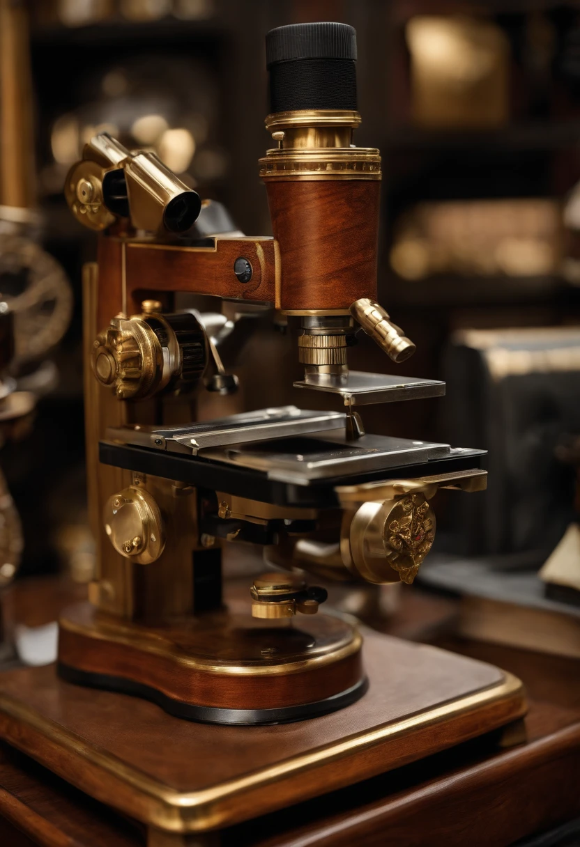 A photo of a vintage, intricate microscope with brass accents,The Big Bang Theory,Raj is an Indian man with black hair and brown eyes, portrayed by Kunal Nayyar, male