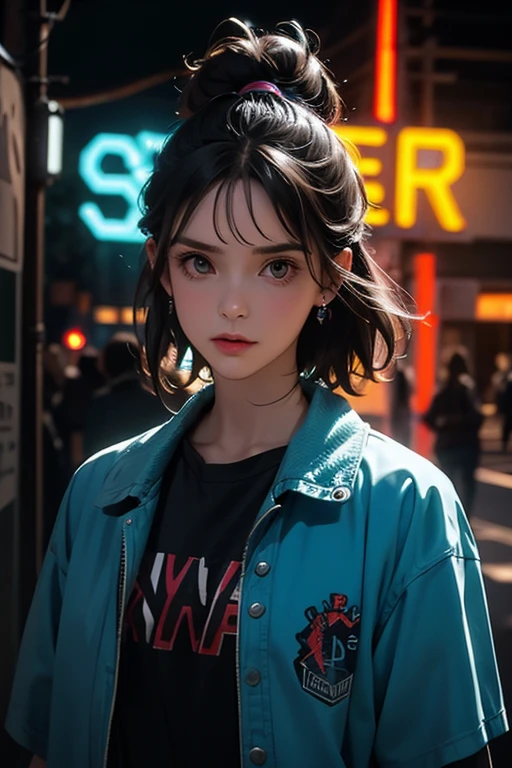 fashion portrait color photograph, woman, upper body, neon lights, stranger things tv