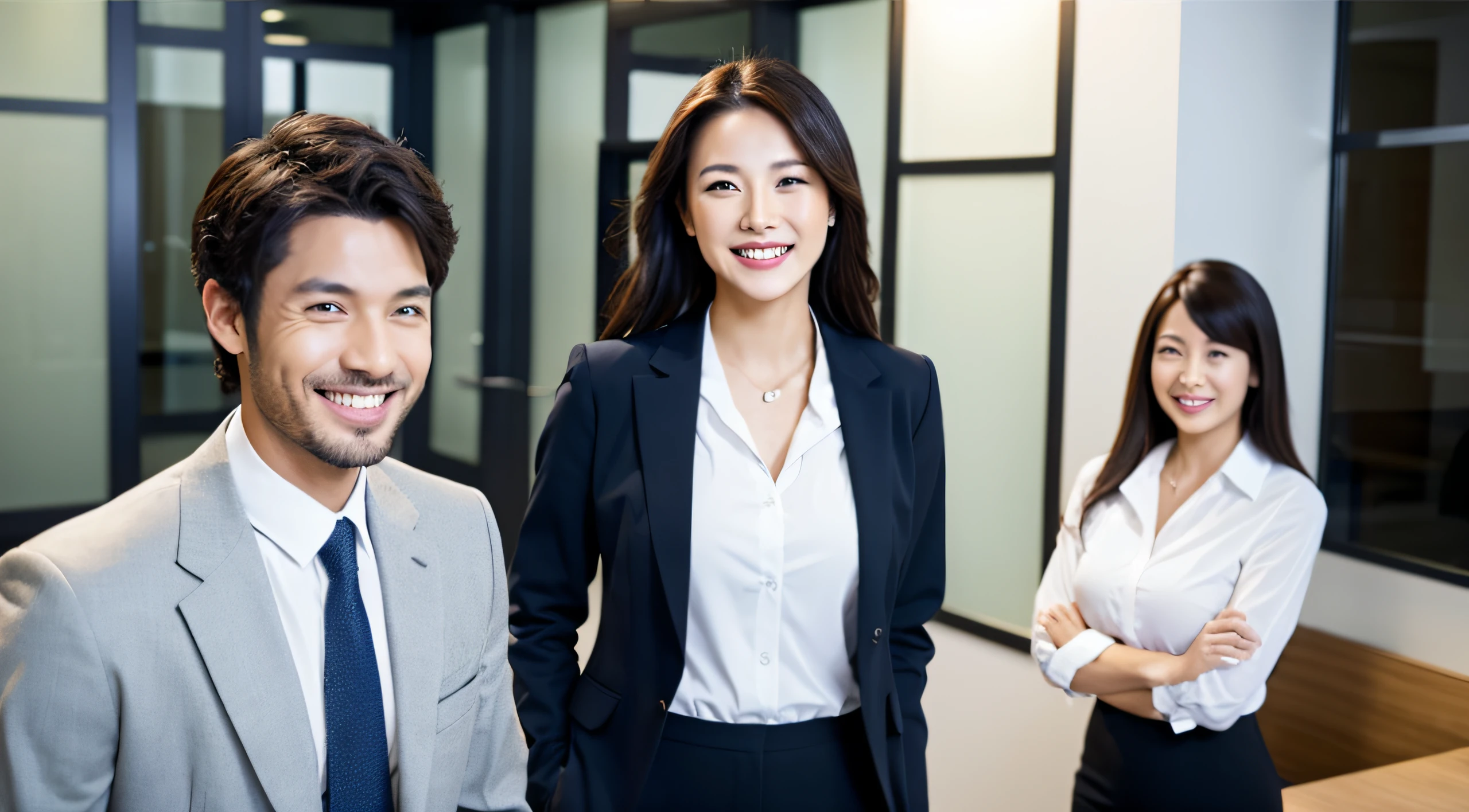 businessman woman and man　s Office　A smile