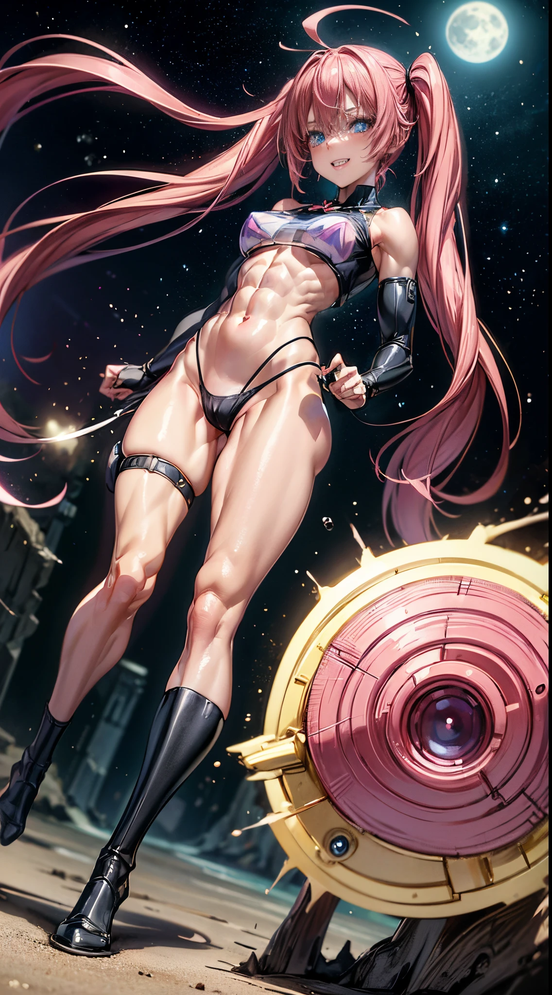 1 girl, (medium breasts))), (((a very short, transparent lingerie and a thong))), (long pink hair), (((blue eyes))), thin arms, (on the beach at night with starry sky and full moon blood), (slim waist), (((muscular legs))), muscular belly, bare feet, (((showing your big ass to me))), (full body photo), (twintails), (happy smile), confident, showing teeth, Long Eyes, eye reflex, anime, anime style, ray tracing, flare, drop shadow, panorama, Sony FE, 8k, UDisk, master piece, accurate, anatomically correct, Super Detail, best quality, ultra high resolution, Hard Udisk, 16k