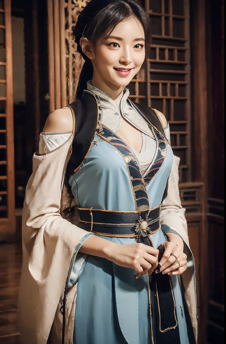 lovely and beautiful woman, full body photo, delicate and sexy collarbone, attractive oval face, double eyelids, smart peach blossom eyes, pink lips, small nose, bare shoulders, focused face, face up, smiling, pretty face. beautiful long black hair, ultra high definition, super detail, elegant standing posture, ancient Chinese clothes lace top, ancient Chinese scenery, full length body (full bodyesbian:1.4),