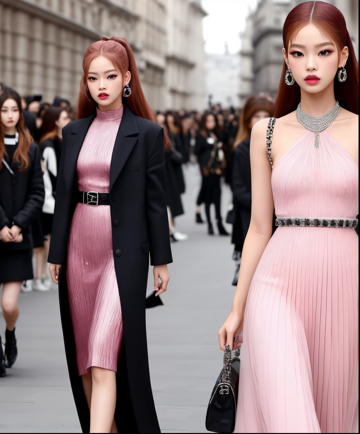 Blackpink Jennie is wearing long pink dress in Chanel fashion show