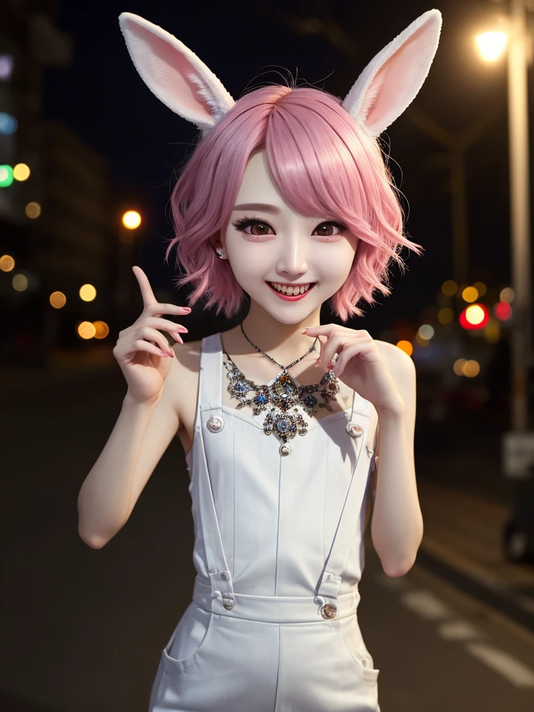 low angles、taken from the under、Overall、On the street at night、mid night、Under the moonlight、The tattoo、fullnude、Pink short cut hair、fullnude(8K, top-quality, ​masterpiece:1.2), (realisitic, Photorealsitic:1.37)、cute little、独奏、(A smile:1.15)、(Mouth closed)、tiny chest、（short-hair：1.2）、masuter piece、Pink Shortcut Bob、Realistic rabbit ears、Pink realistic rabbit ears、Realistic ears of rabbits sticking out of the head、Pink hair、Beautiful girl in her 20s、Bewitching atmosphere、Beautiful shaped hands、K-POP、Pink rabbit ears、1 girl in、独奏、​masterpiece、top-quality、realisitic、Hyper-detailing、absurderes、short pink hair、Slender beauties、动态照明、hight resolution、foco nítido、depth of fields、(thick thight:1.0)、A slender :1.2，((Short-cut bob hair))、((k pop:1.3))，Highly detailed facial and skin texture、((魅惑的))，Anatomically correct number of fingers，Correct anatomy