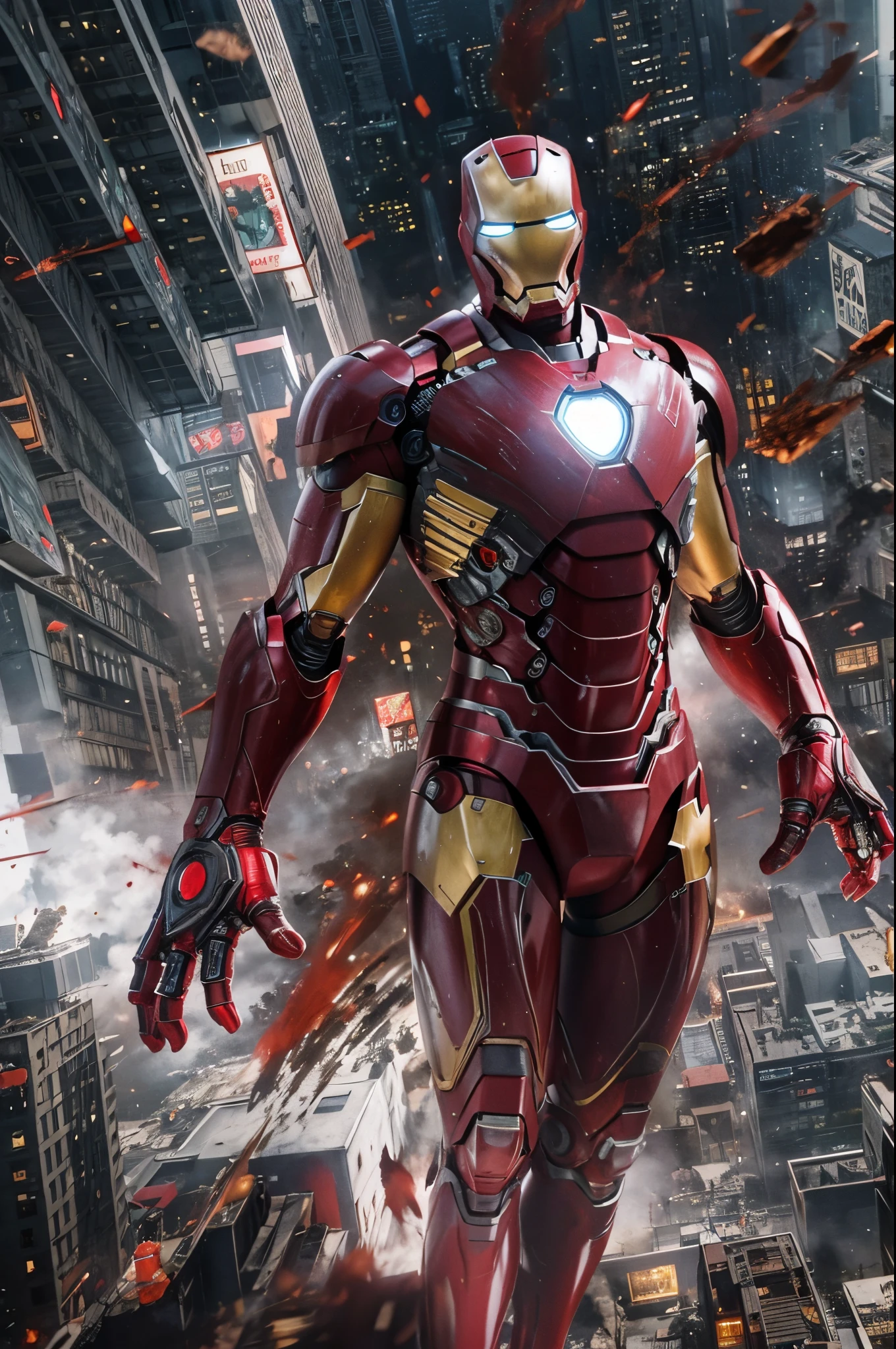 Fisheye perspective view of iron man in a flying position, scratching intensely, disintegrating in gunmetal black-deep red-white accents energy beam in a beautiful fantasy setting, disappearing in fragmentation of triangles, particles, turning into ashes, expressive, ultra HD digital, breathtaking, stunning, sharp focus, hyperdetailed, specular lighting, background of post-apocalyptic city