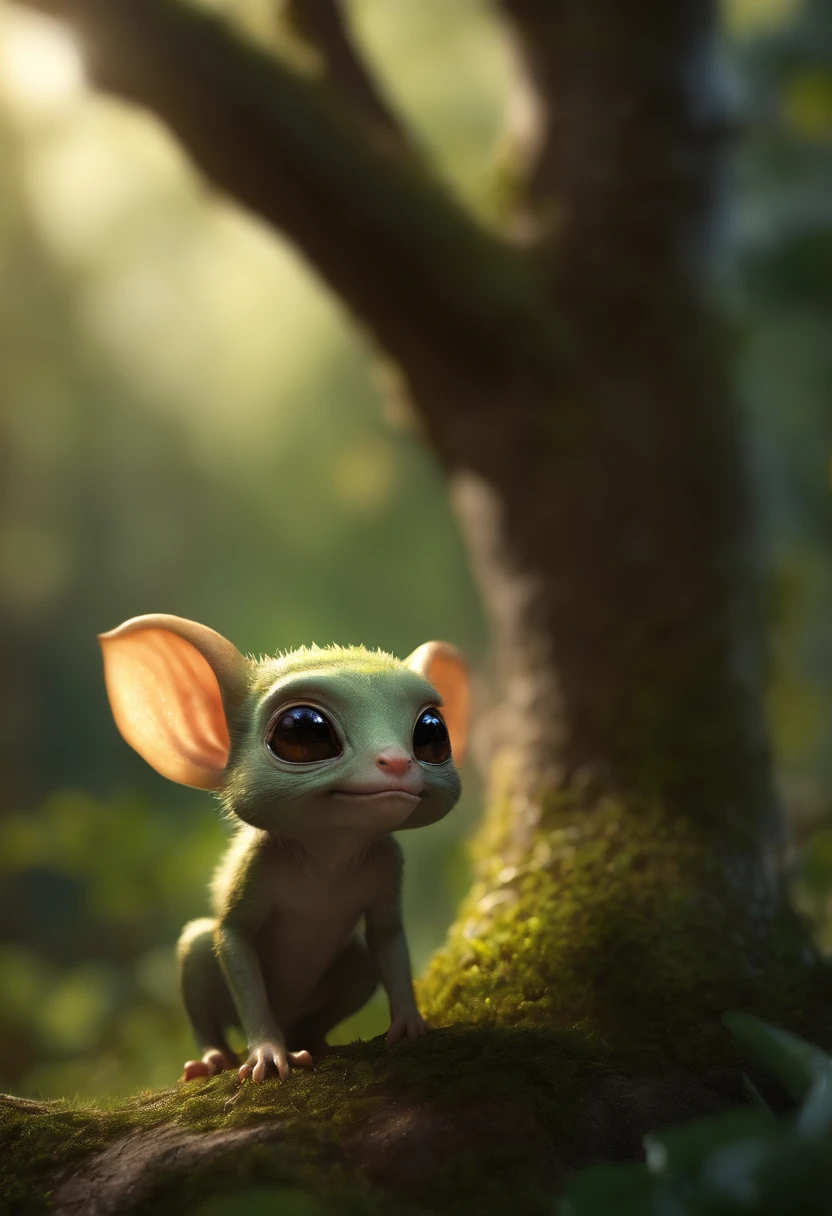 真实感, Realism, Close up of cute tiny fireflies around a huge oak tree, Morning lighting, dew, illuminate the bush, a detailed painting, cgsociety, Detailed painting, artstation hd, high detail, cgsociety, photo realism, Concept art, artstation hd, official arts, bokeh ,Cute alien creatures that look like gremlins, (CBZBB:1.25), ((gremlin),Zhkute, Small, baby, Beautiful, Fantasy art, deviant art, trending artstation, Digital Art, Detailed, Realistic, humanoid, character, tiny, Cinematic shot, cinematic portrait of a mole