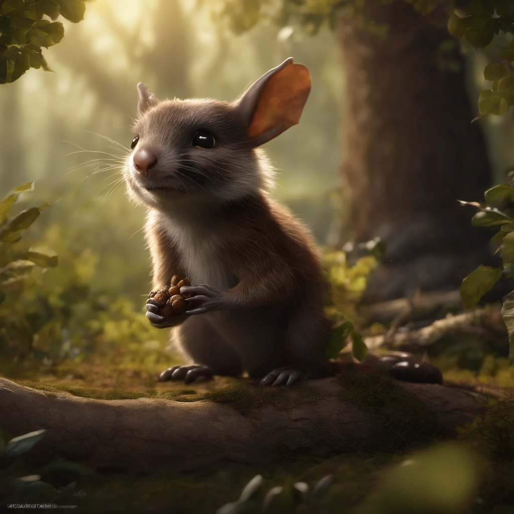真实感, Realism, Close up of cute tiny fireflies around a huge oak tree, Morning lighting, dew, illuminate the bush, a detailed painting, cgsociety, Detailed painting, artstation hd, high detail, cgsociety, photo realism, Concept art, artstation hd, official arts, bokeh   ,gremlin, mole-like, bright silver and brown, long tail, large ears, covered with silver fur, water, stands on the shore, Best Quality, Masterpiece, in style of dark fantasy art, gremlin, mole-like, holding a huge acorn in his paws, bright silver and brown, long tail, elongated nose,, huge ears, covered with silver fur,tousled, five toes on each paw, holding a huge acorn in his paws, I&#39;m standing in a forest clearing under the foliage of bast., acorns lie in the clearing, acorns glow, Crickets fly, Best Quality, Masterpiece, in style of dark fantasy art, fantasy-inspired, in the style of John Tolkien,  (CBZBB:1.25), ((gremlin),Zhkute, Small, baby, Beautiful, Fantasy art, deviant art, trending artstation, Digital Art, Detailed, Realistic, humanoid, character, tiny, Cinematic shot, cinematic portrait of a mole,  naturalist, huge oak roots, entrance to the hole, Fireflies,