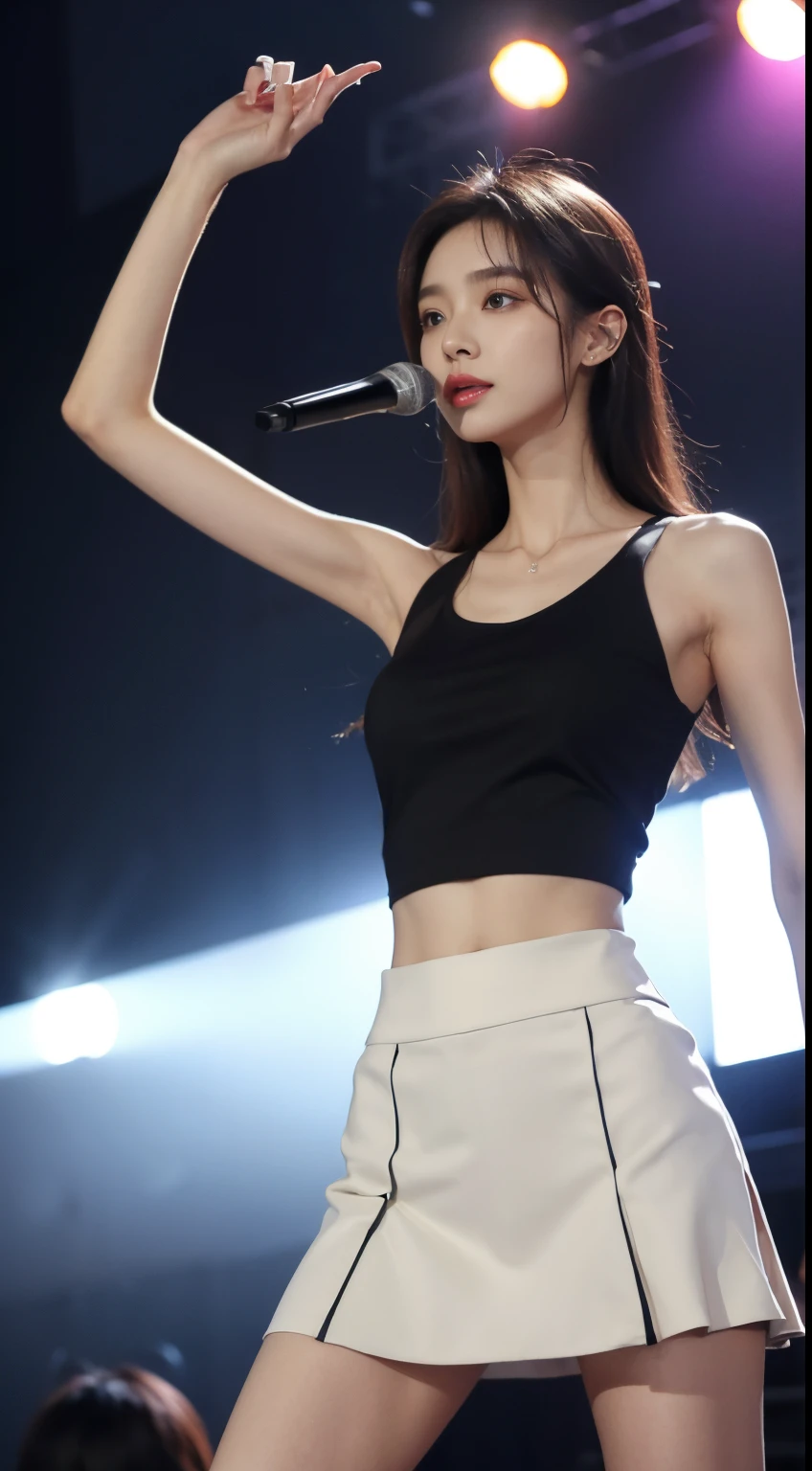 (Photorealistic),(Masterpiece),(ultra-detailed),a very pretty tall but very malnourished and feeble and almost skin and bones,have no fat,extremely small head,extremely thin and slim thighs and legs thinner than sticks,wearing a loose skirt and a tank top,171cm and 37kg,performing on a stage,20 year old idol member girl, has eaten almost nothing for a month due to how busy she is, somehow staying bright despite being extremely exhausted and hungry, feels like she could faint instantly but stays bright for her fans