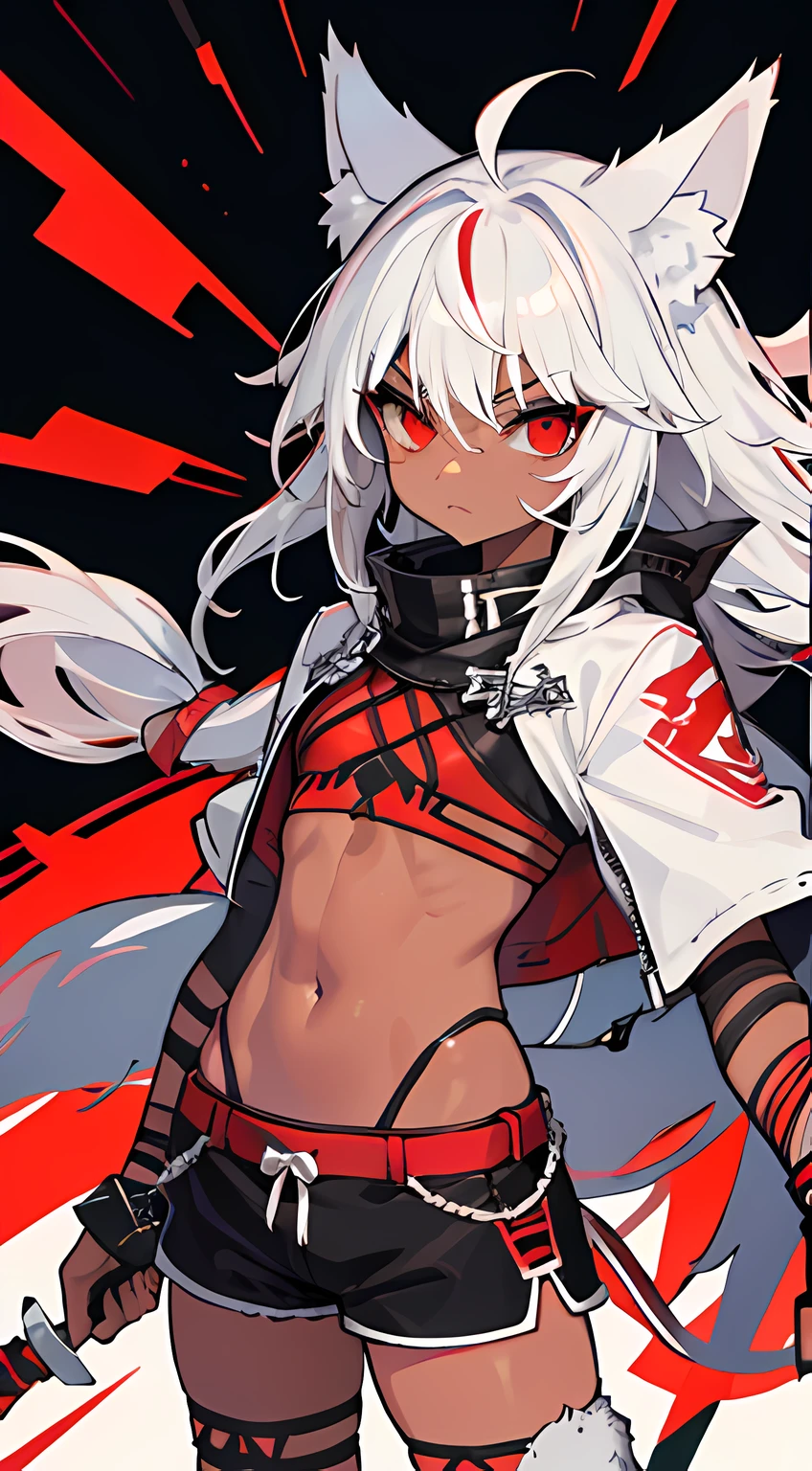 acient warrior, wolf, tanned skin, white insription, red eye, tyrannical, small stature, shorts, top, sharp theeth