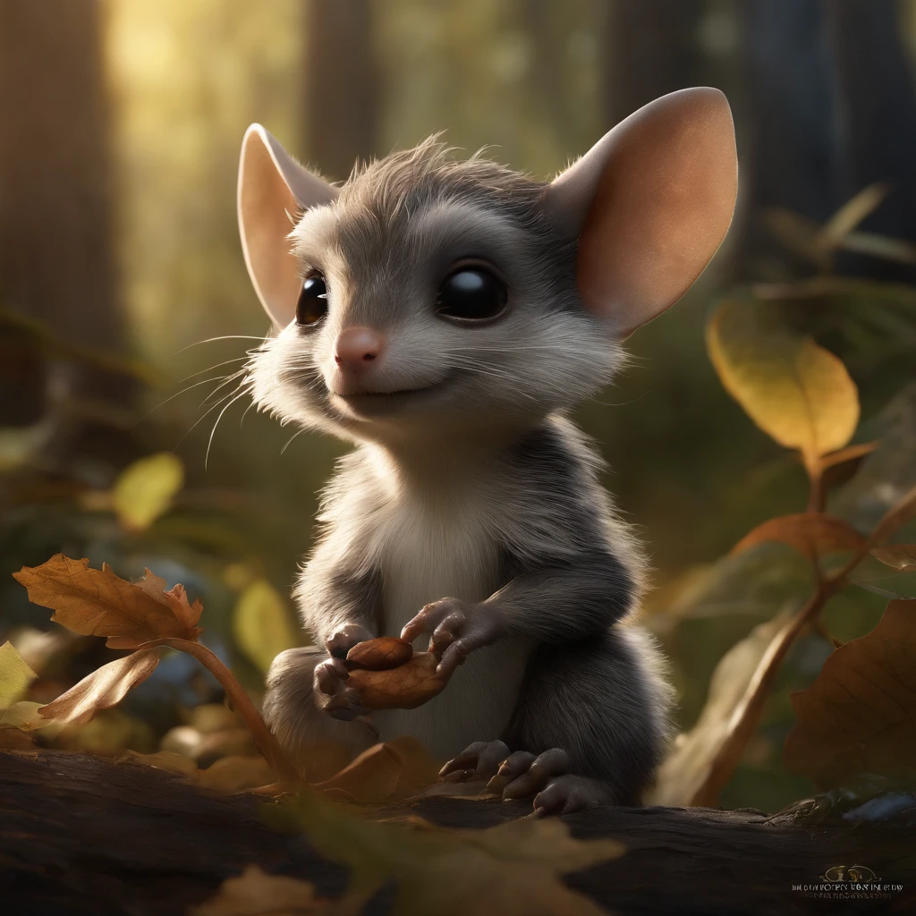 真实感, Realism, Close up of cute tiny fireflies around a huge oak tree, Morning lighting, dew, illuminate the bush, a detailed painting, cgsociety, Detailed painting, artstation hd, high detail, cgsociety, photo realism, Concept art, artstation hd, official arts, bokeh ,gremlin, mole-like, bright silver and brown, long tail, large ears, covered with silver fur, water, stands on the shore, Best Quality, Masterpiece, in style of dark fantasy art, gremlin, mole-like, holding a huge acorn in his paws, bright silver and brown, long tail, elongated nose,, huge ears, covered with silver fur,tousled, five toes on each paw, holding a huge acorn in his paws, I'm standing in a forest clearing under the foliage of bast., acorns lie in the clearing, acorns glow, Crickets fly, Best Quality, Masterpiece, in style of dark fantasy art, fantasy-inspired, in the style of John Tolkien, (CBZBB:1.25), ((gremlin),Zhkute, Small, baby, Beautiful, Fantasy art, deviant art, trending artstation, Digital Art, Detailed, Realistic, humanoid, character, tiny, Cinematic shot, cinematic portrait of a mole, naturalist, huge oak roots, entrance to the hole, Fireflies,