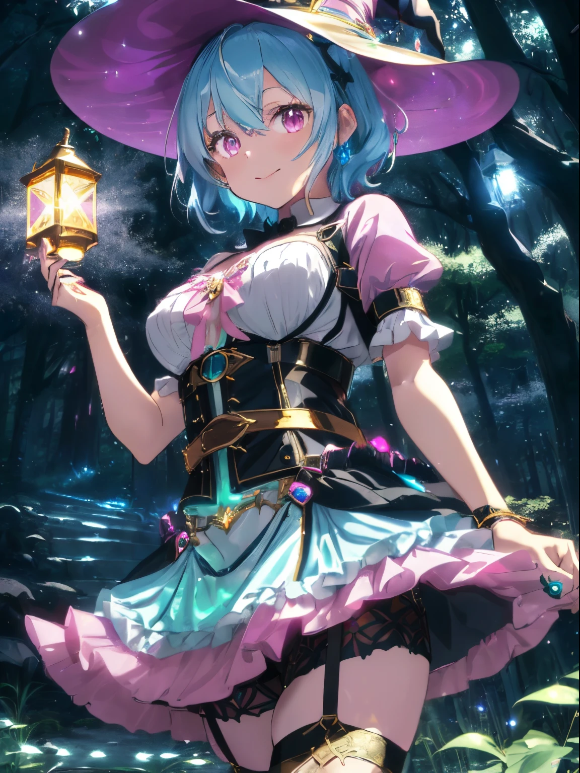 ((Black Night Forest)),(colorful glowing lantern),fluffy hair,((Mixed hair of light gold and light blue)),((short-hair)),Slightly red tide,((Pink eyes)),(Sparkling colorful illuminations),(A house with a strange shape々In the woods lined with),((Idol style costume with soft volume)),((corsets)),((Harness belt)),((gorgeous wizard hat)),((the witch)),smile and show your tongue,Kamimei,((dance with light steps)),(Dynamic movement),