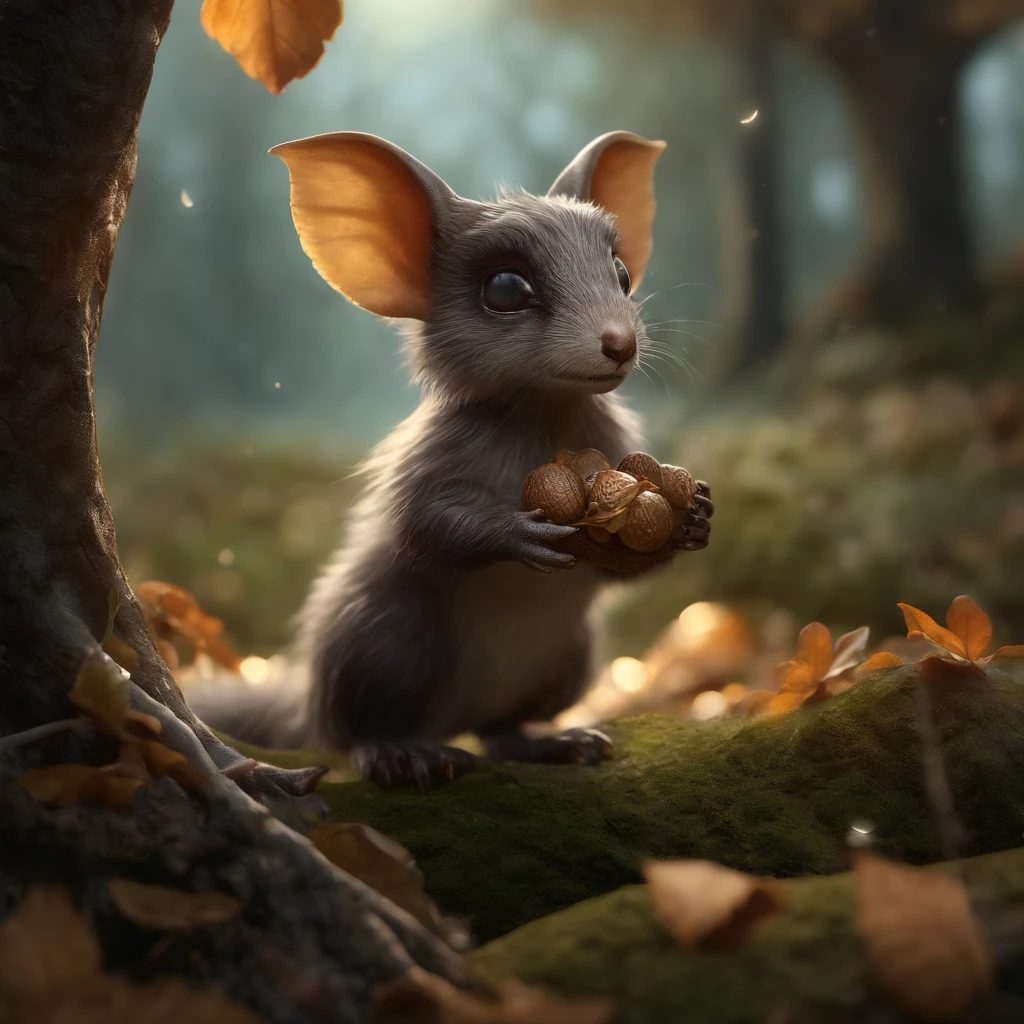 真实感, Realism, Close up of cute tiny fireflies around a huge oak tree, Morning lighting, dew, illuminate the bush, a detailed painting, cgsociety, Detailed painting, artstation hd, high detail, cgsociety, photo realism, Concept art, artstation hd, official arts, bokeh   ,gremlin, mole-like, bright silver and brown, long tail, large ears, covered with silver fur, water, stands on the shore, Best Quality, Masterpiece, in style of dark fantasy art, gremlin, mole-like, holding a huge acorn in his paws, bright silver and brown, long tail, elongated nose,, huge ears, covered with silver fur,tousled, five toes on each paw, holding a huge acorn in his paws, I&#39;m standing in a forest clearing under the foliage of bast., acorns lie in the clearing, acorns glow, Crickets fly, Best Quality, Masterpiece, in style of dark fantasy art, fantasy-inspired, in the style of John Tolkien,  (CBZBB:1.25), ((gremlin),Zhkute, Small, baby, Beautiful, Fantasy art, deviant art, trending artstation, Digital Art, Detailed, Realistic, humanoid, character, tiny, Cinematic shot, cinematic portrait of a mole,  naturalist, huge oak roots, entrance to the hole, Fireflies,