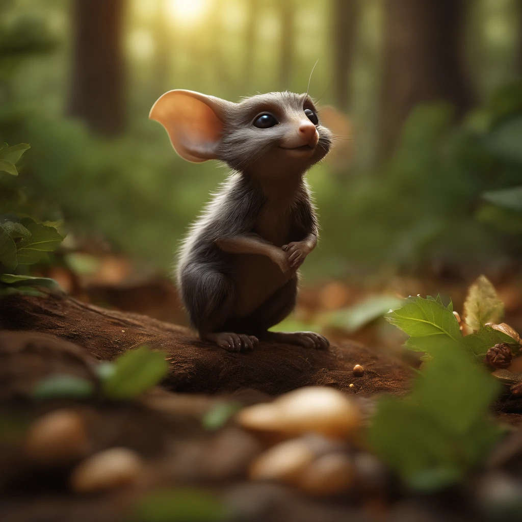 真实感, Realism, Close up of cute tiny fireflies around a huge oak tree, Morning lighting, dew, illuminate the bush, a detailed painting, cgsociety, Detailed painting, artstation hd, high detail, cgsociety, photo realism, Concept art, artstation hd, official arts, bokeh ,(CBZBB:1.25), ((gremlin),Zhkute, Small, baby, Beautiful, Fantasy art, deviant art, trending artstation, Digital Art, Detailed, Realistic, humanoid, character, tiny, Cinematic shot, cinematic portrait of a mole ,gremlin, mole-like, bright silver and brown, long tail, large ears, covered with silver fur, water, stands on the shore, Best Quality, Masterpiece, in style of dark fantasy art, gremlin, mole-like, bright silver and brown, long tail, double nose, huge ears, covered with silver fur,tousled, five toes on each paw, holding a huge acorn in his paws, I'm standing in a forest clearing under the foliage of bast., acorns lie in the clearing, acorns glow, Crickets fly, Best Quality, Masterpiece, in style of dark fantasy art, fantasy-inspired, in the style of John Tolkien,