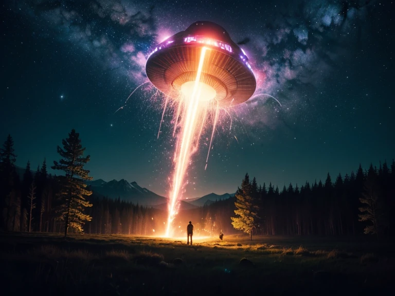 X-files, neon lights, light particles, ooze, night sky, mulder, scully, alien abduction, forest, cows, clues, distant space ship
