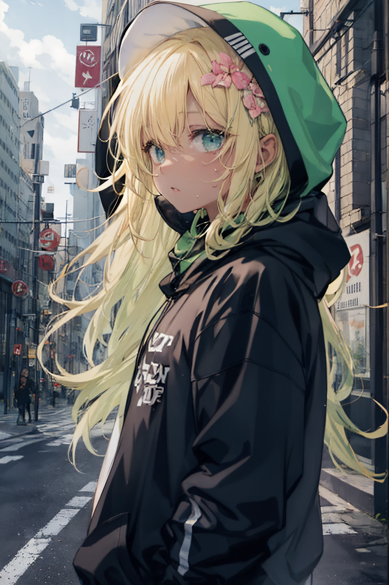 hight resolution, top-quality, ultra-quality, The ultra-detailliert, lighting like a movie、Beautiful expression ,Brown skin、Black skin、Black skin、a blond、blonde hair long hair、green inner hair,Lots of hair 、full of sweat、Wearing sweat、Long T-shirt、Hooded hoodie、The tattoo、In a real town、Realistic cityscape
