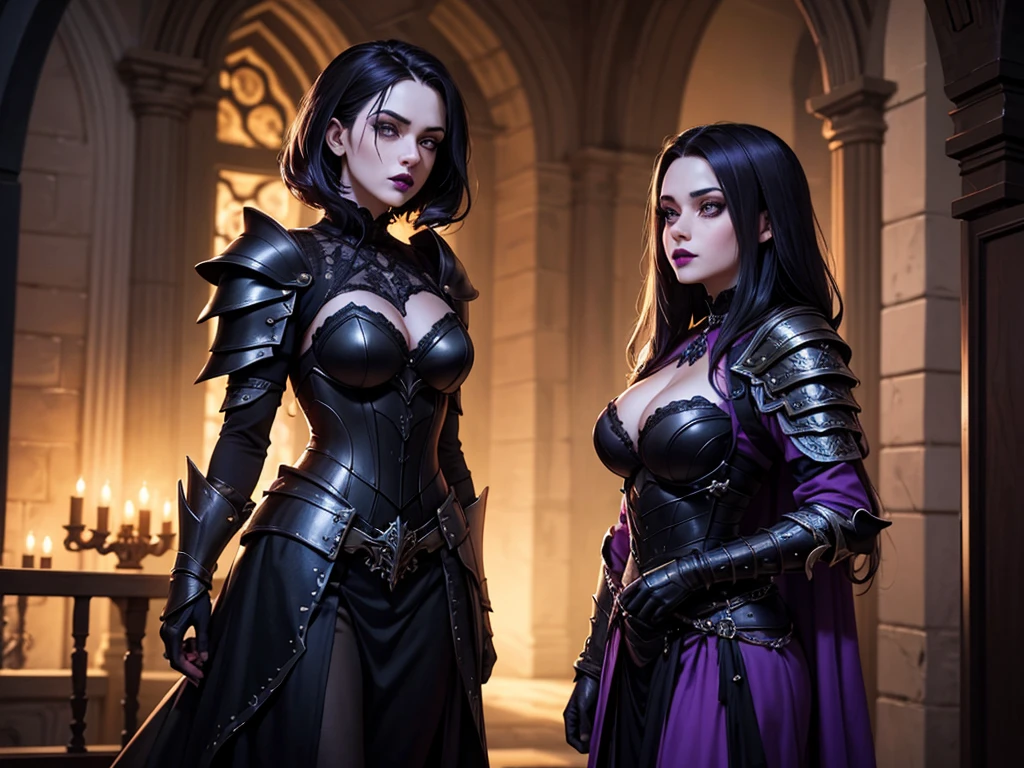 Performs a Necromancer woman of short stature with shoulder-length black hair and glasses in the background of a medieval castle