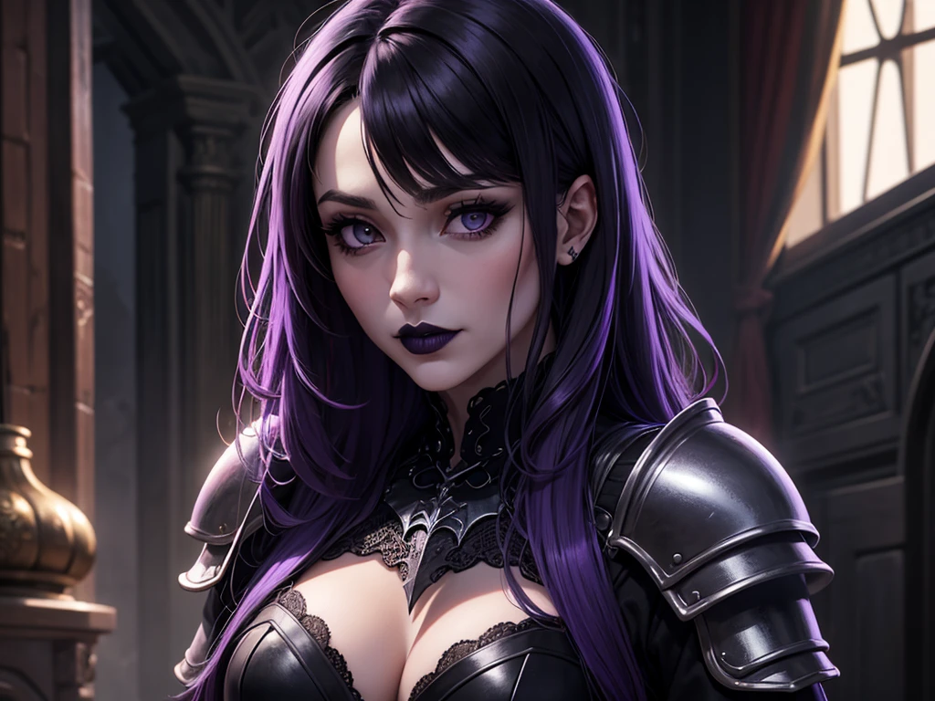 An adult vampire wizard character wearing a very detailed and beautiful gothic armor in black and purple color. Seu cabelo com corte em estilo curto, black lip color, cor roxa dos olhos;, manto, capuz, caminhando, 8k, Magnificent, Black and purple Gothic armor, capa