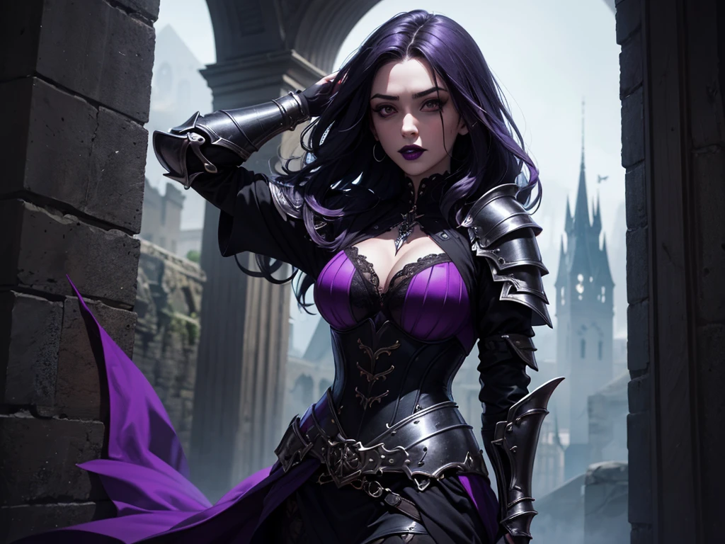 An adult vampire wizard character wearing a very detailed and beautiful gothic armor in black and purple color. Seu cabelo com corte em estilo curto, black lip color, cor roxa dos olhos;, manto, capuz, caminhando, 8k, Magnificent, Black and purple Gothic armor, capa
