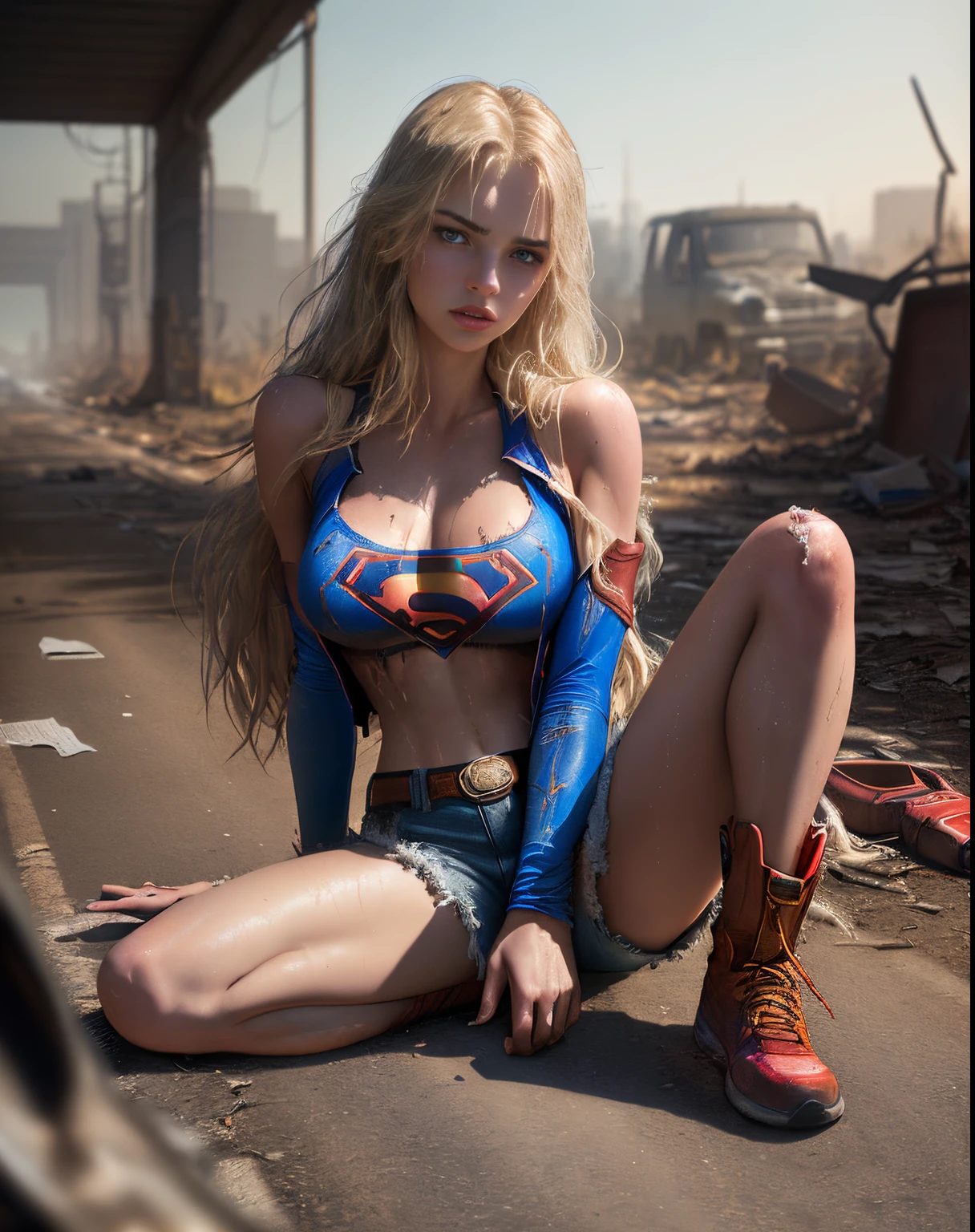 Yael Shelbia (Supergirl beautiful and bold, seductive and attractive, blue eyes, pointed breasts, long blonde hair and, sweaty body, open shirt with superman S symbol, short shorts, me, red boot, thick legs). (deserted road, dirt road, blood, smoke, abandoned cars, newspapers, abandoned objects, bodies lying on the ground, abandoned road, apocalyptic scenery, cinematic effect), (Best quality, masterpiece, depth of field, Full HD, 4K, richness of detail). Portrait style