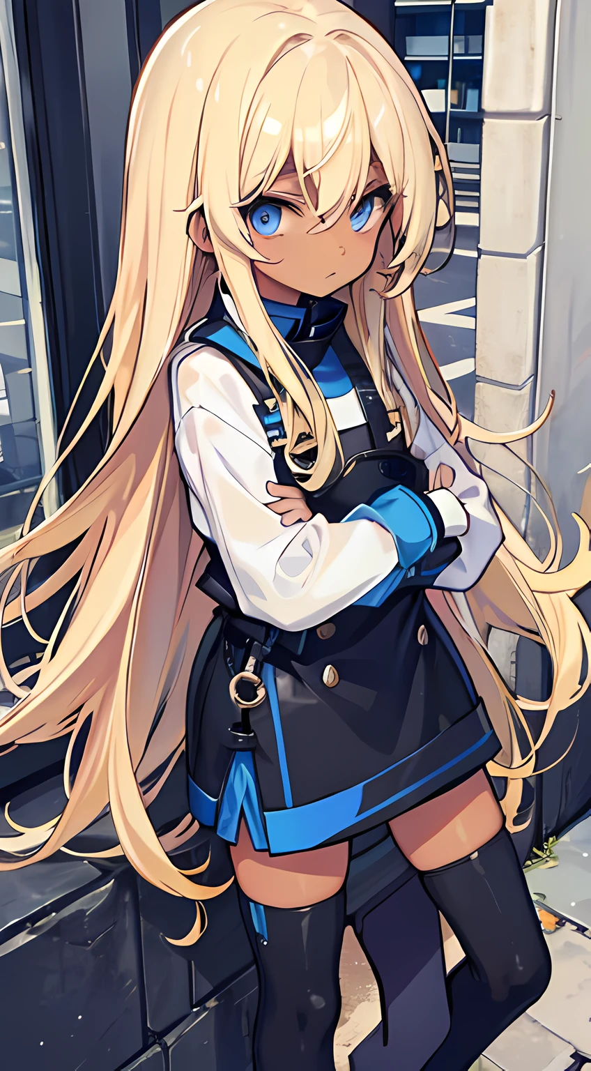 tanned skin, long blonde hair, blue eyes, black stockings, cute, , urban clothing