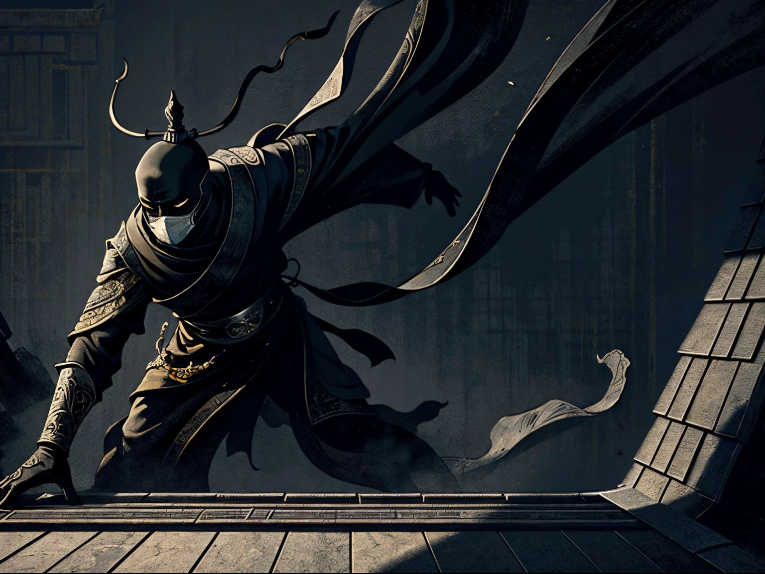 Snitch,the roof,tile,Cornices walk the wall,The whole body in black,black cloth mask,man,Chinese Ancient Times,Classical ink painting