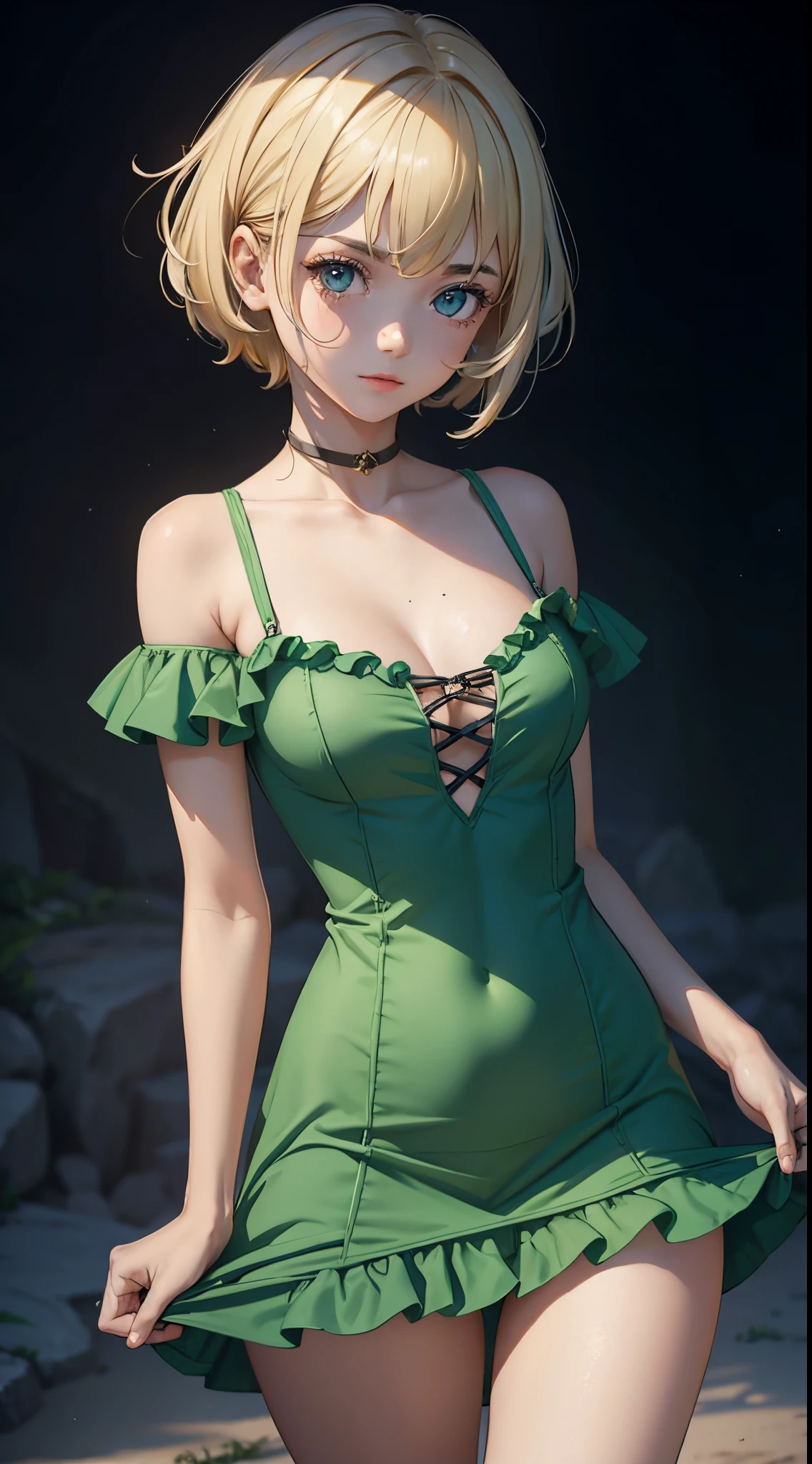 1girl, franja, ombros apertados, Corpo de Loli, Menina de 16 anos, blonde hair,seios muito grandes,  short hair, olhos verde, perfect hands, clivagem, Sweetheart neckline, boca fechada, Eyebrows visible in the hair, seios pequenos, Olhando para o Viewer, sorrir, tenso, Standing, visualizador frontal mostrando seios, Ultra HD | |, Imagem 4k, vestido sexy curto