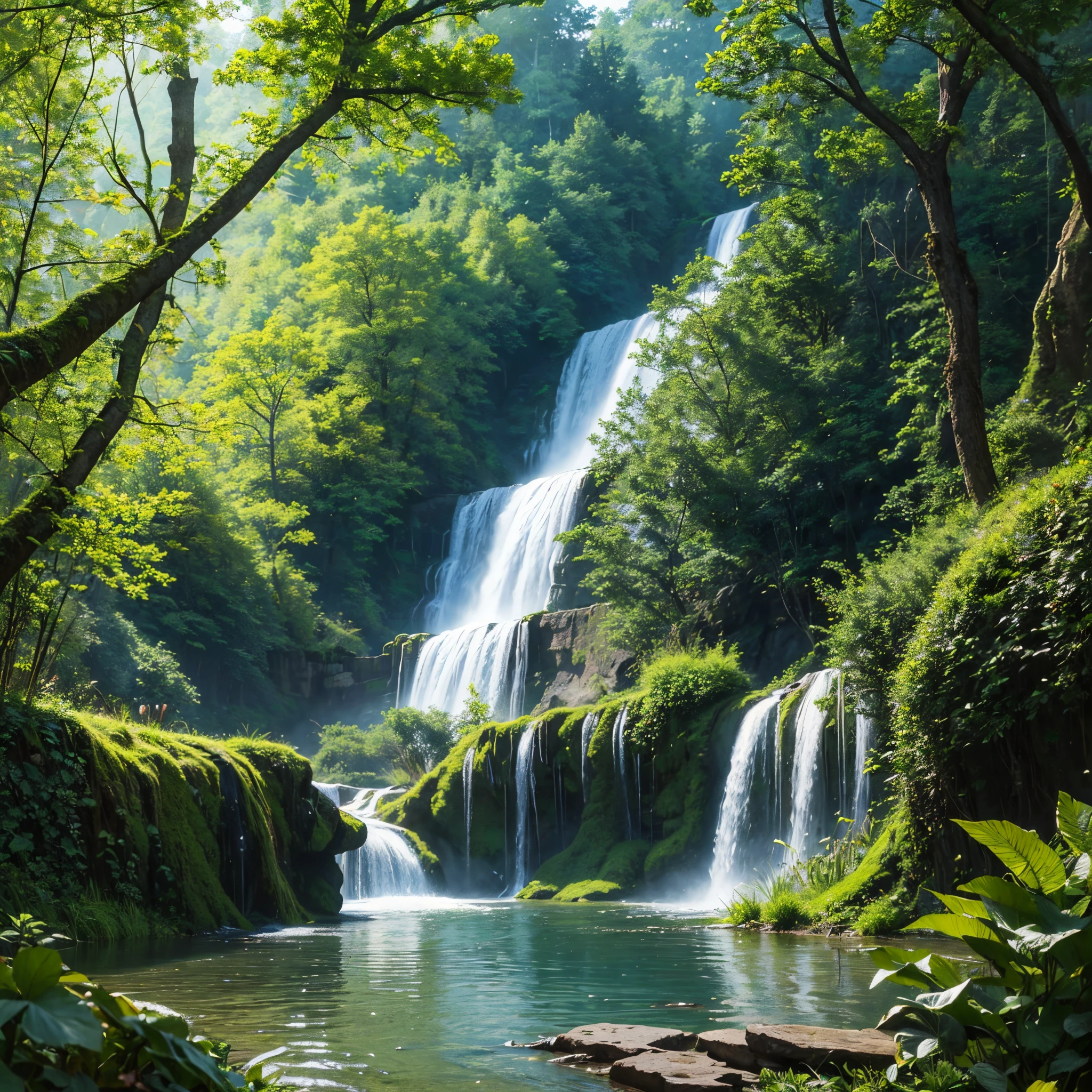 painting of a waterfall in a forest with a river running through it, an endless waterfall, multiple waterfalls, waterfalls, with trees and waterfalls, floating waterfalls, (waterfall), with waterfalls, by Michael James Smith, cascading waterfalls, flowers and waterfalls, cascading iridescent waterfalls, waterfall, several waterfalls, high waterfalls, cascading, forest and waterfall