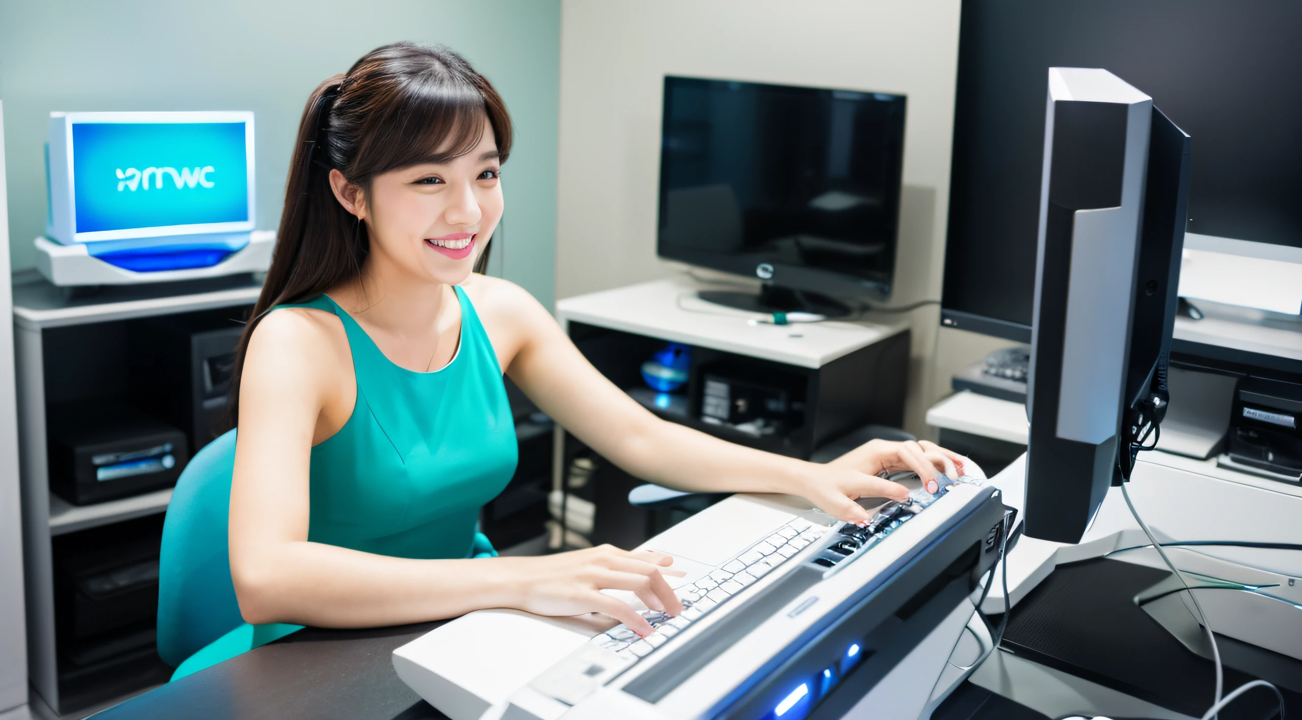 Woman operating a computer A smile