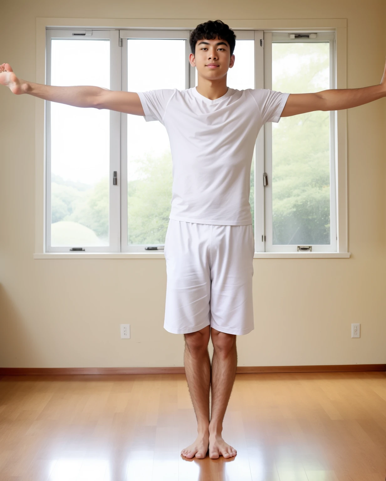 A young man in white clothes in the room practicing yoga's Tree pose: Place one foot on the thigh of the other leg, clasp your hands together in front of your chest, and maintain balance