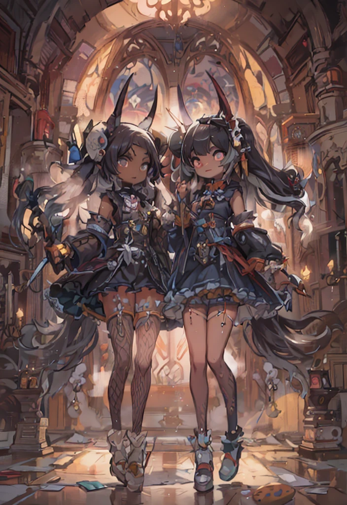 "Twins wielding fish-shaped weapons, sporting stylish shorts and tunics, with voluminous hair, nekominis, unique egg accessory, beautiful dark skin tone, creating a captivating 3D-rendered masterpiece with the surreal "Sabattier effect", surrounded by an echoing atmosphere, adorned with elegant horns, exuding immense cuteness in a gothic ta style." Centered and