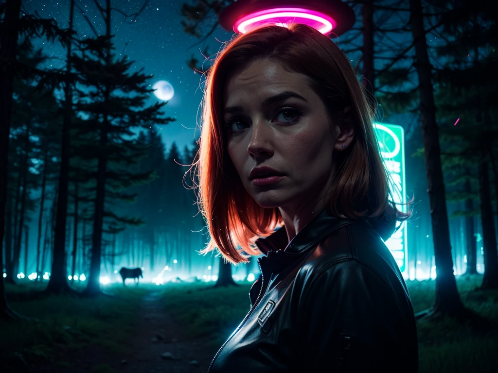 X-files, neon lights, light particles, ooze, night sky, mulder, scully, alien abduction, forest, cows, clues, distant space ship, fashion photography, woman, upper body, neon glow