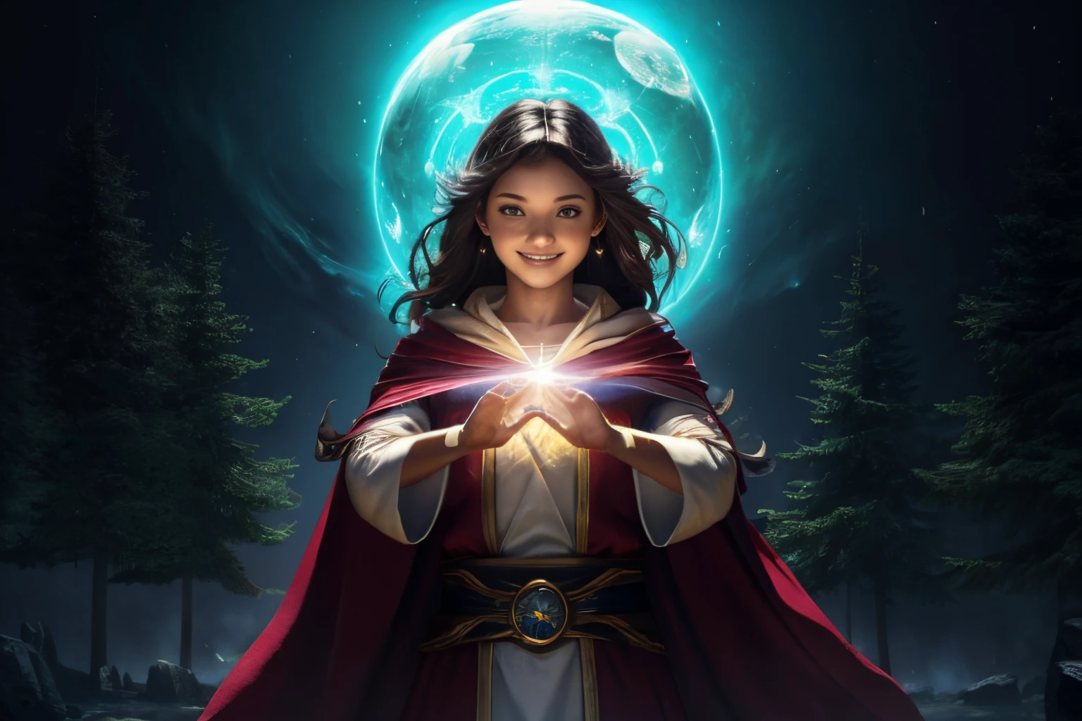 bustup、Front image、Facing the front、femele、Smiling kindly、(ultra-detailed CG unity 8k Wallpaper, masutepiece, Best Quality, depth of fields, nffsw, Convoluted), From Greg Rutkowski, magician, Enchanting, Mystical, charmed, Mystical powers, flowing robe, Shining Orb, captivating aura, Enchanting stage, Mysterious illusions, Mysterious atmosphere.