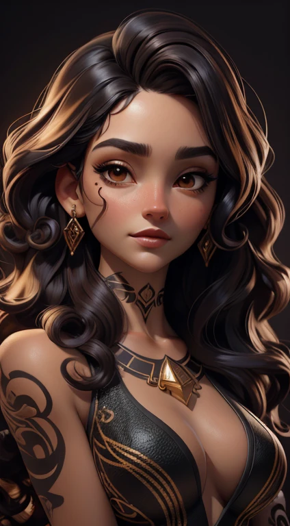 Masterpiece,photorealistic, photorealism,best quality, ultra-detailed,official art,cinematic light,nice girl,full elegant body,ultra realistic,perfect face, tattoos, dark curly hair,dark gold and white,black background,precision painting,close up,eye catching composition, hyperdetalisation,didital art