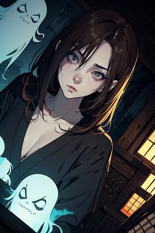 masterpiece, high resolution, ((Draft cartoon style)), ((wallpaper)), ((Diverse angles)), Comic Style Illustrations, (drawing style), Outline warm color, eerie, (Woman with Japanese ghost), horror factor, (Distinctive hair style), (Creative accessories), (individualistic atmosphere), (hair dyed brown), Eerie worldview, Suspicious atmosphere, dark fantasy, Fantasy Town, extra
